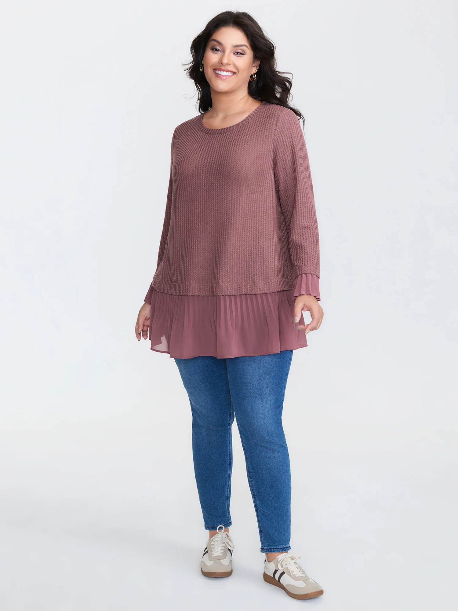 Waffle Chiffon Hem Crew Neck Top - Image 3