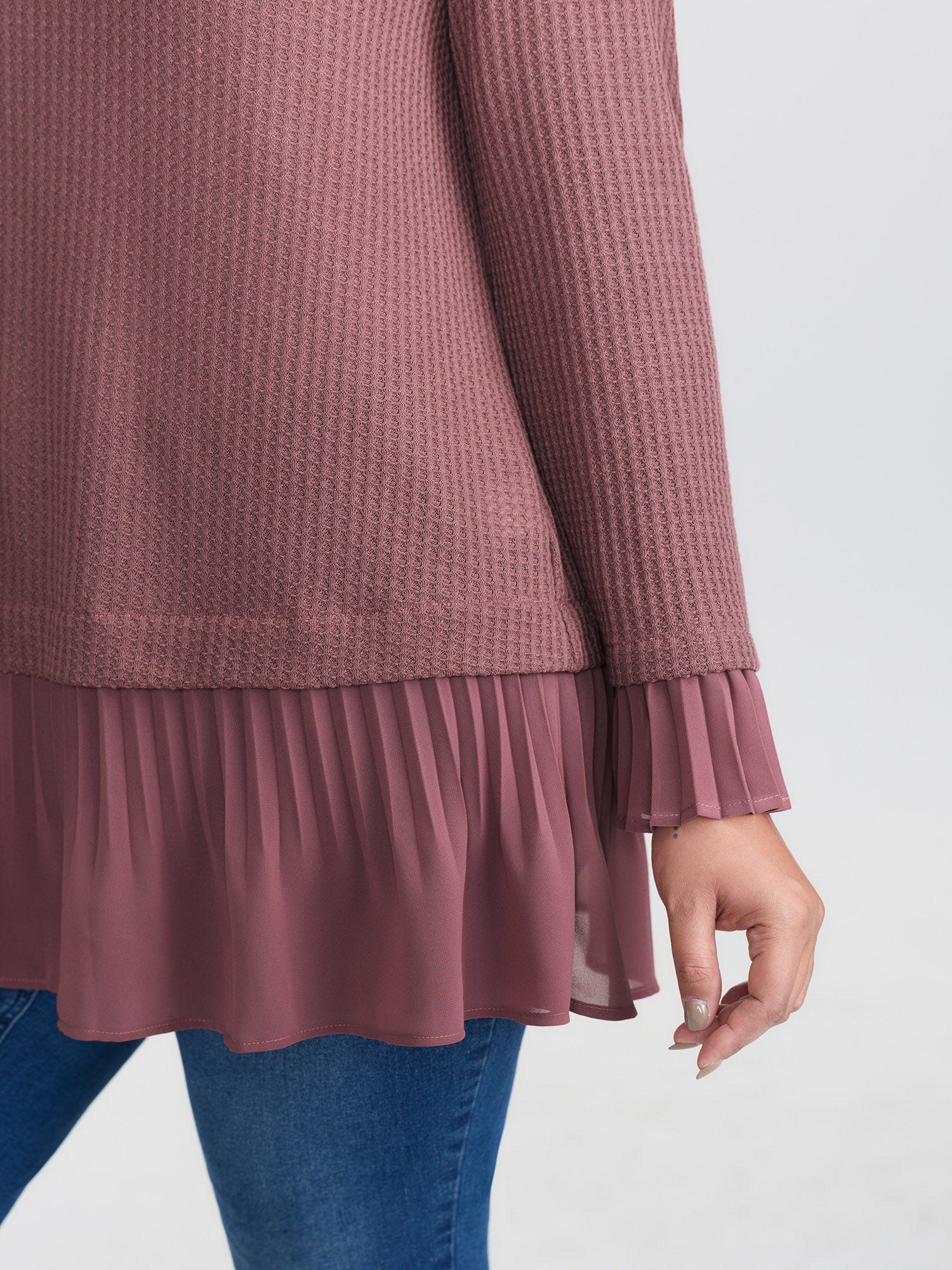 Waffle Chiffon Hem Crew Neck Top - Image 4
