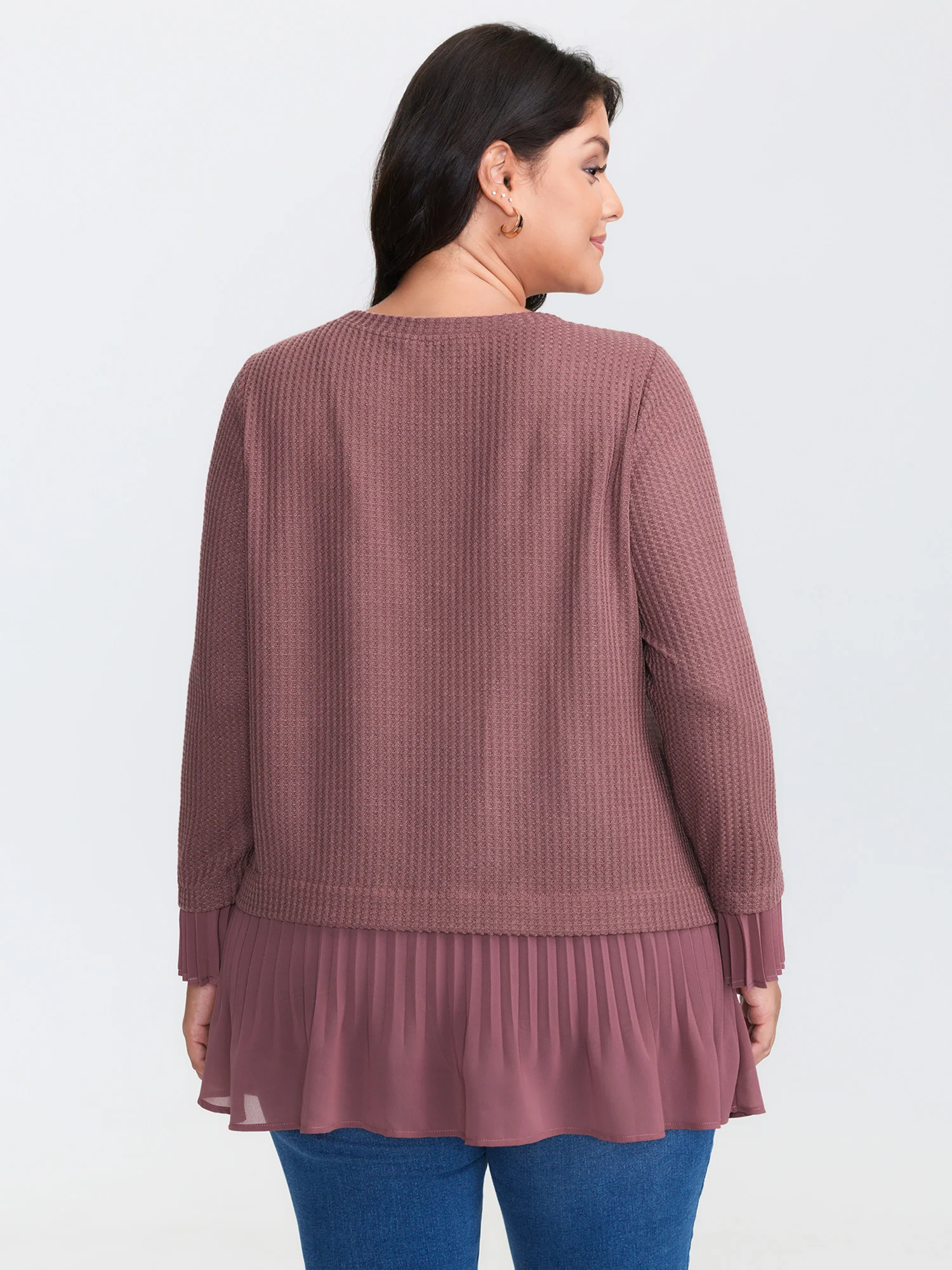 Waffle Chiffon Hem Crew Neck Top - Image 5