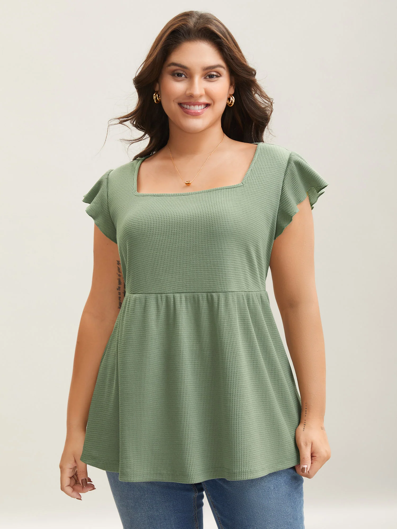 Waffle Flutter Sleeve Stretchy Plain Top - Image 2