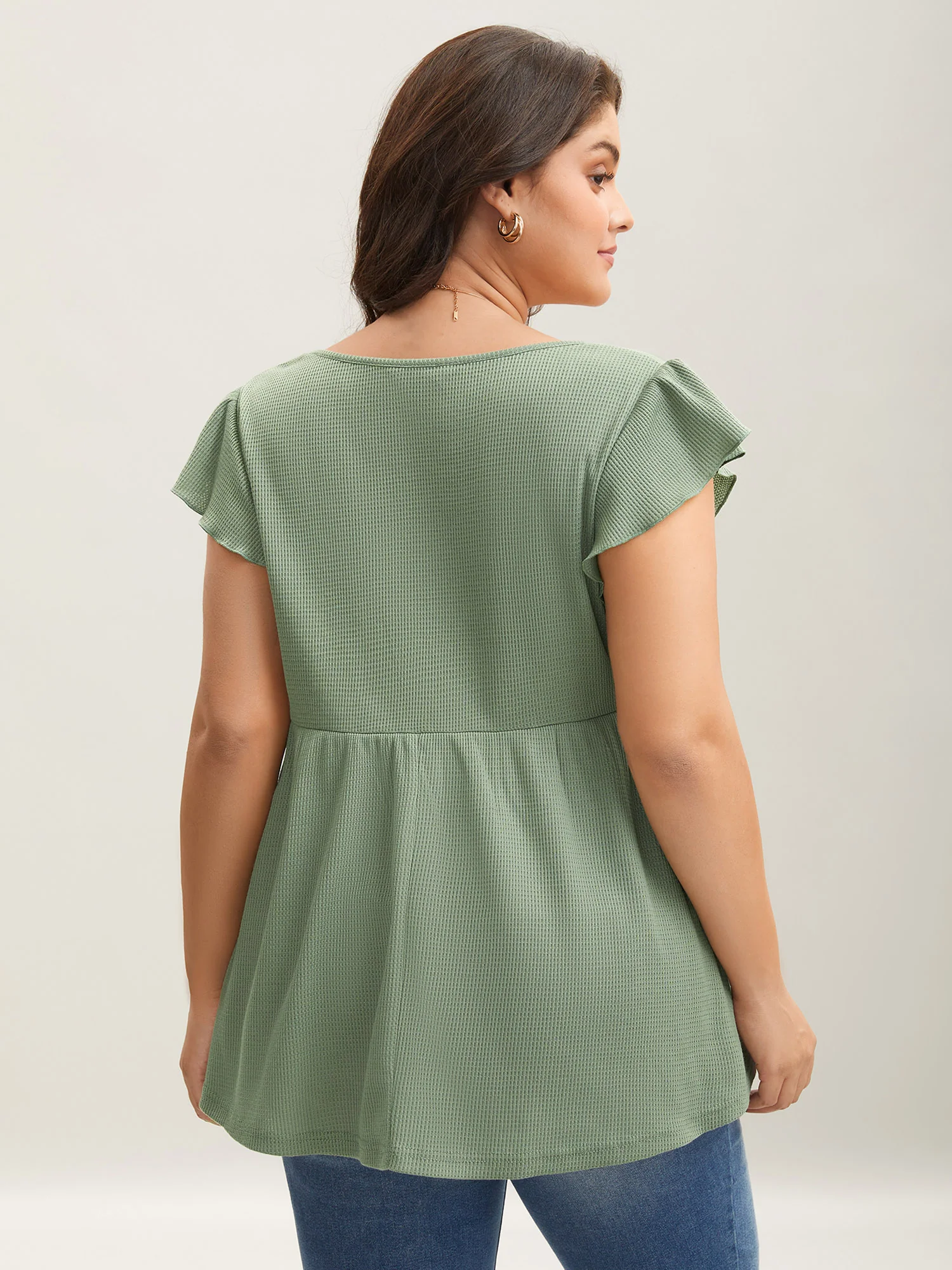Waffle Flutter Sleeve Stretchy Plain Top - Image 4