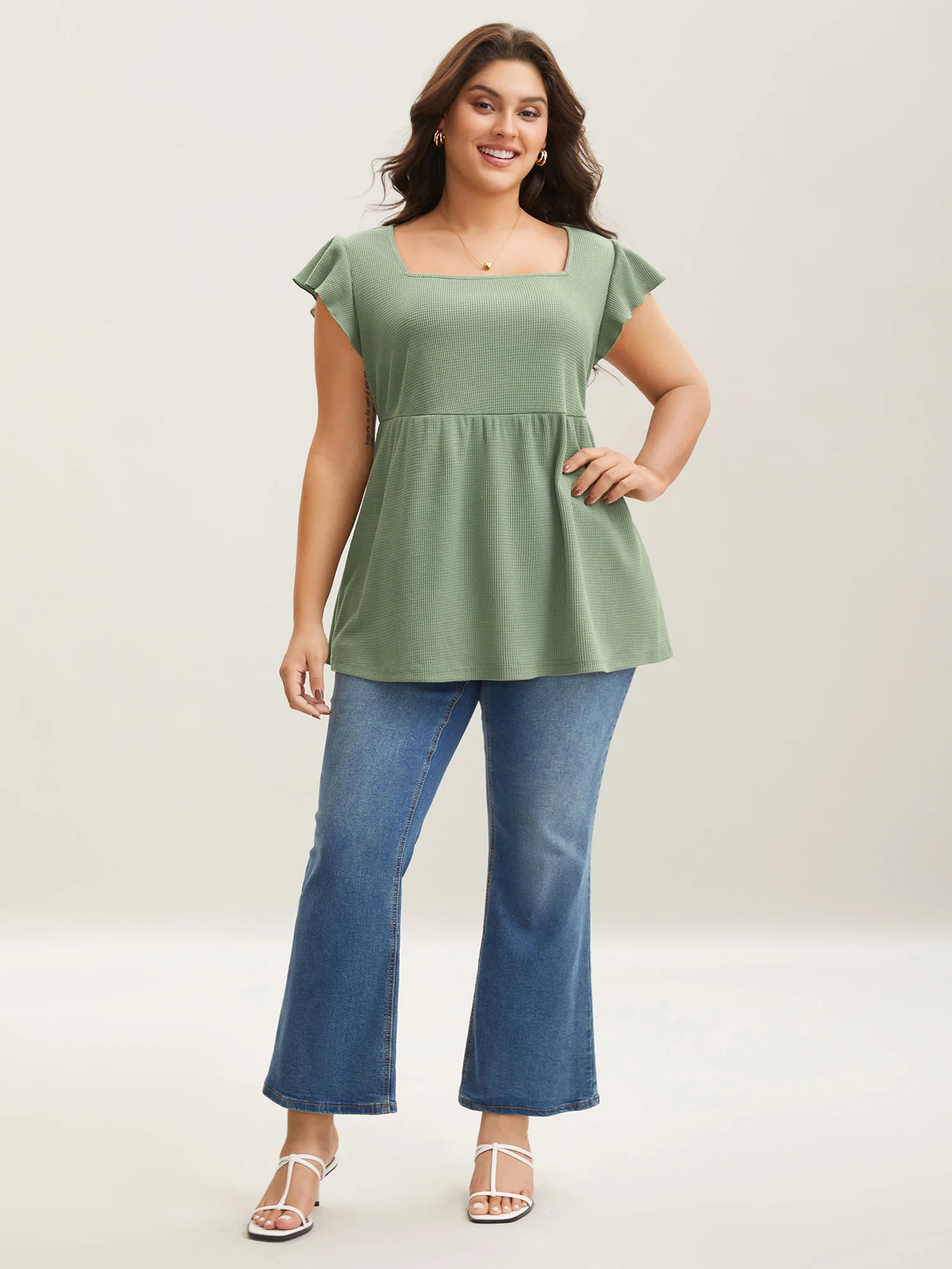 Waffle Flutter Sleeve Stretchy Plain Top - Image 5
