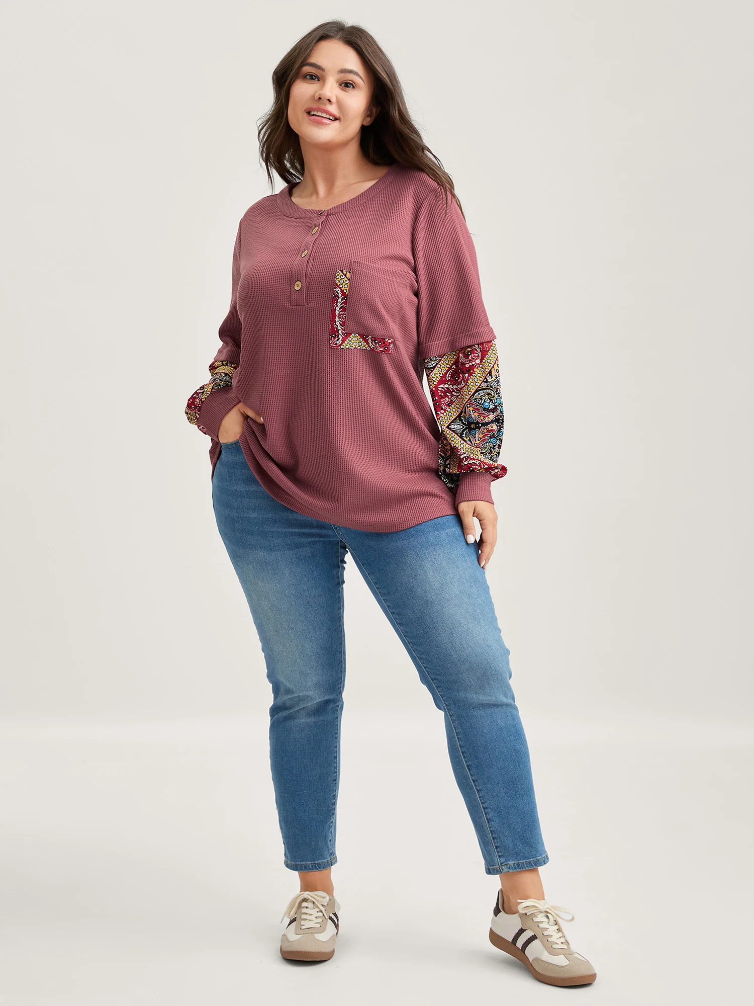 Waffle Grid Contrast Paisley Solid Sleeve Sweatshirt - Image 2