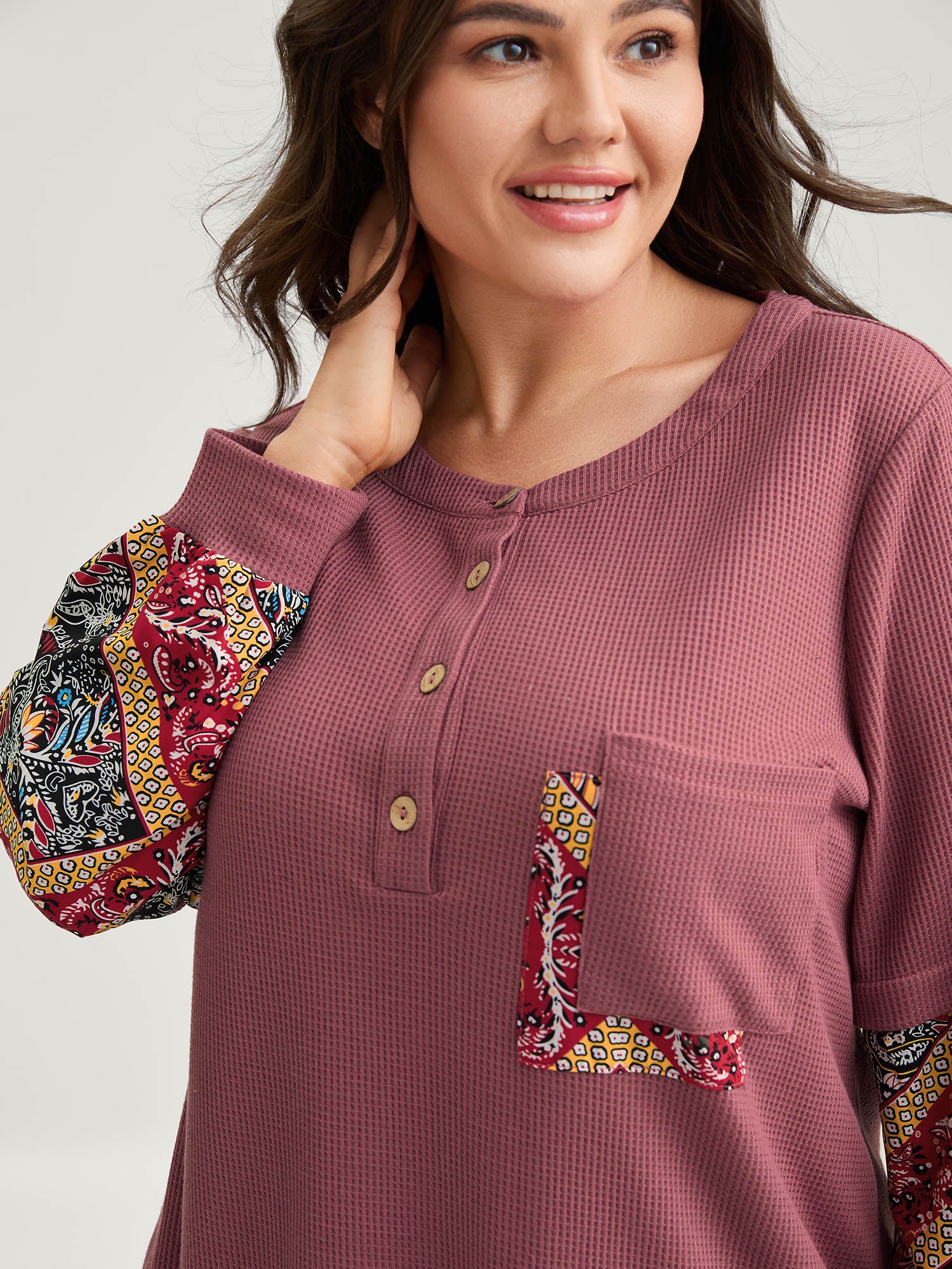 Waffle Grid Contrast Paisley Solid Sleeve Sweatshirt - Image 3