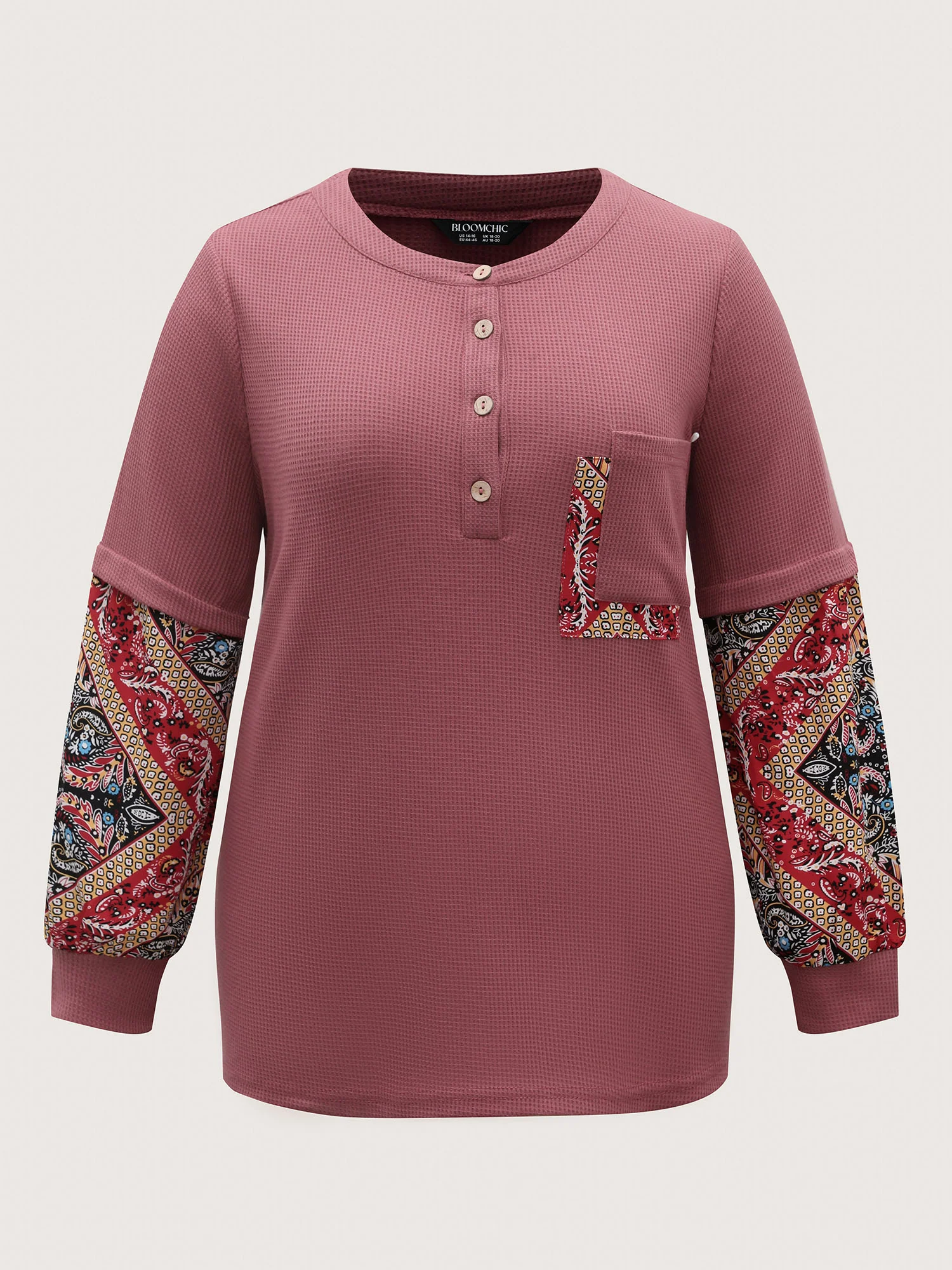 Waffle Grid Contrast Paisley Solid Sleeve Sweatshirt - Image 5