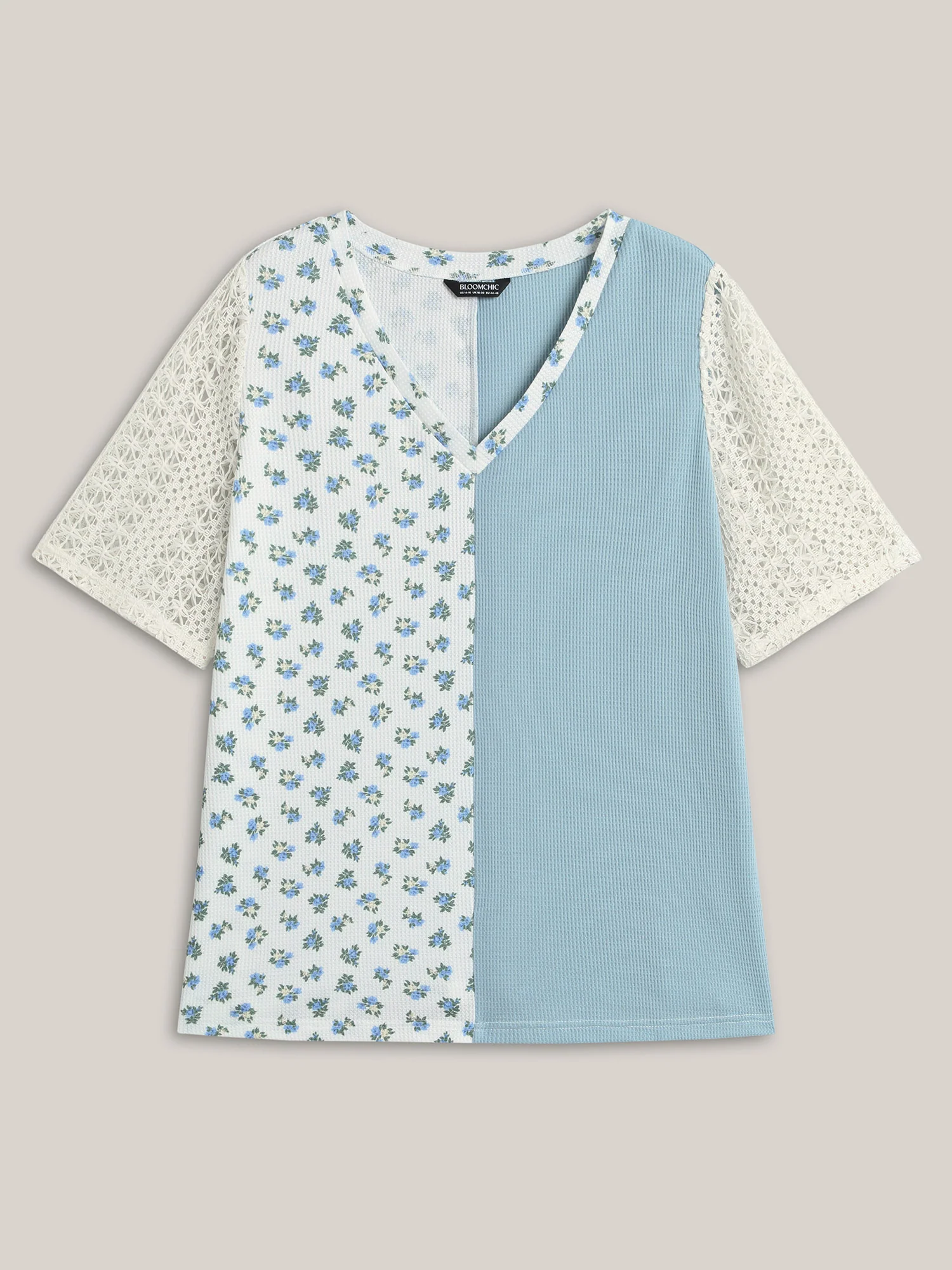 Waffle Grid Floral V-Neck T-Shirt - Image 7
