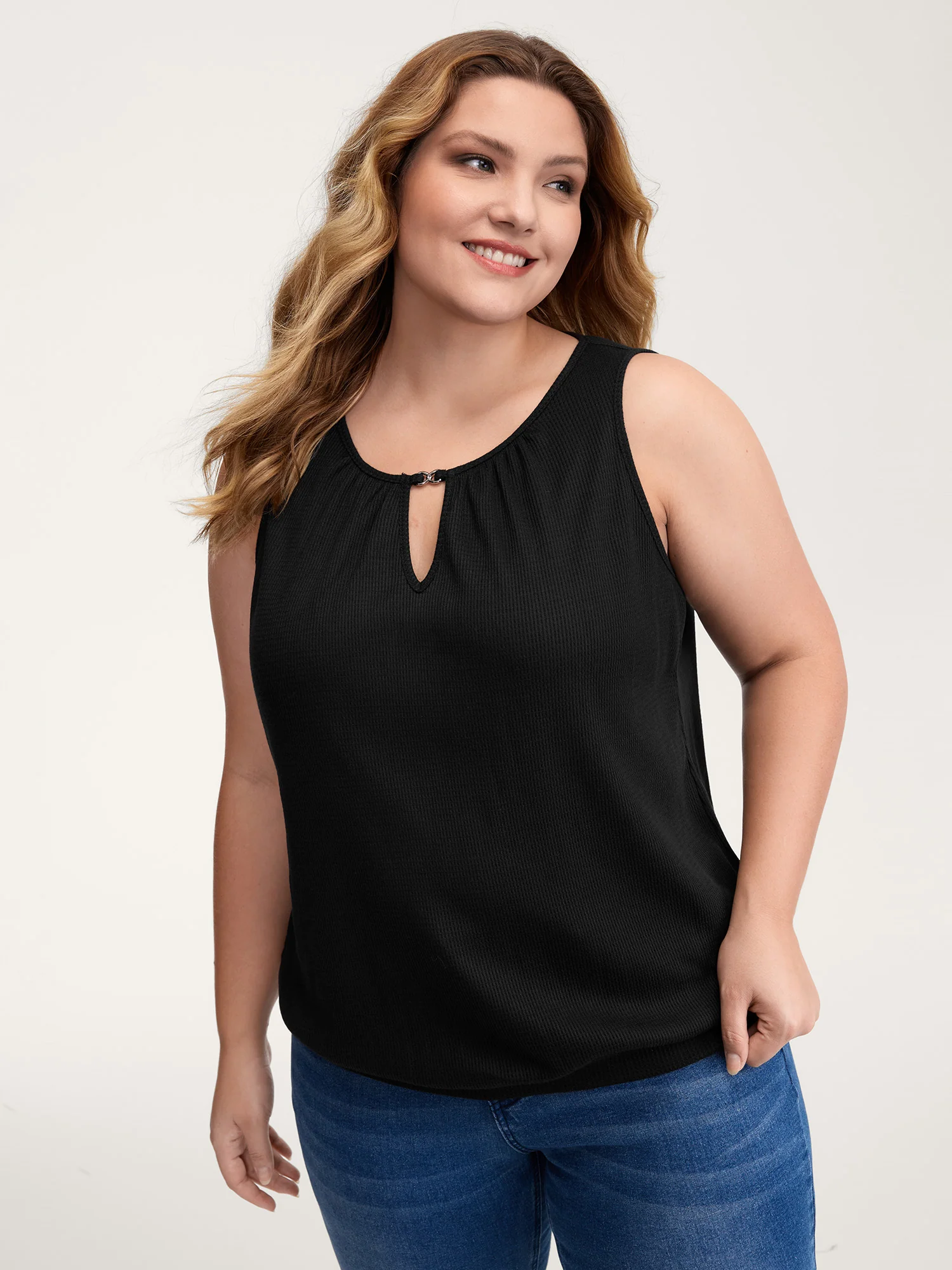 Waffle Grid Neck Cut-Out Tank Top