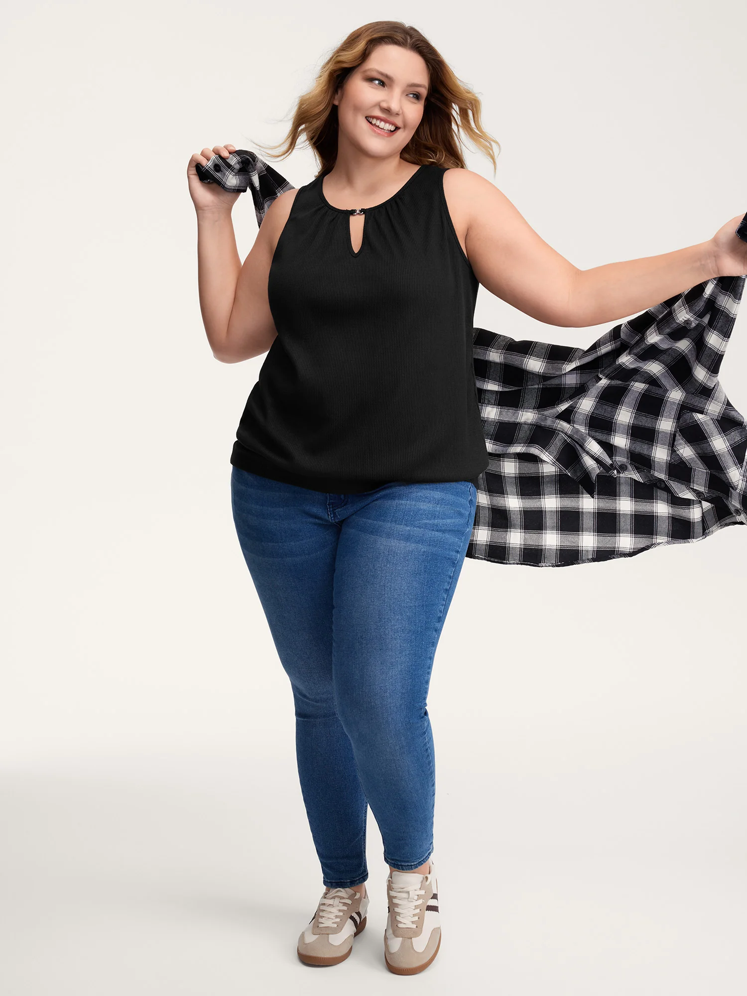 Waffle Grid Neck Cut-Out Tank Top - Image 2