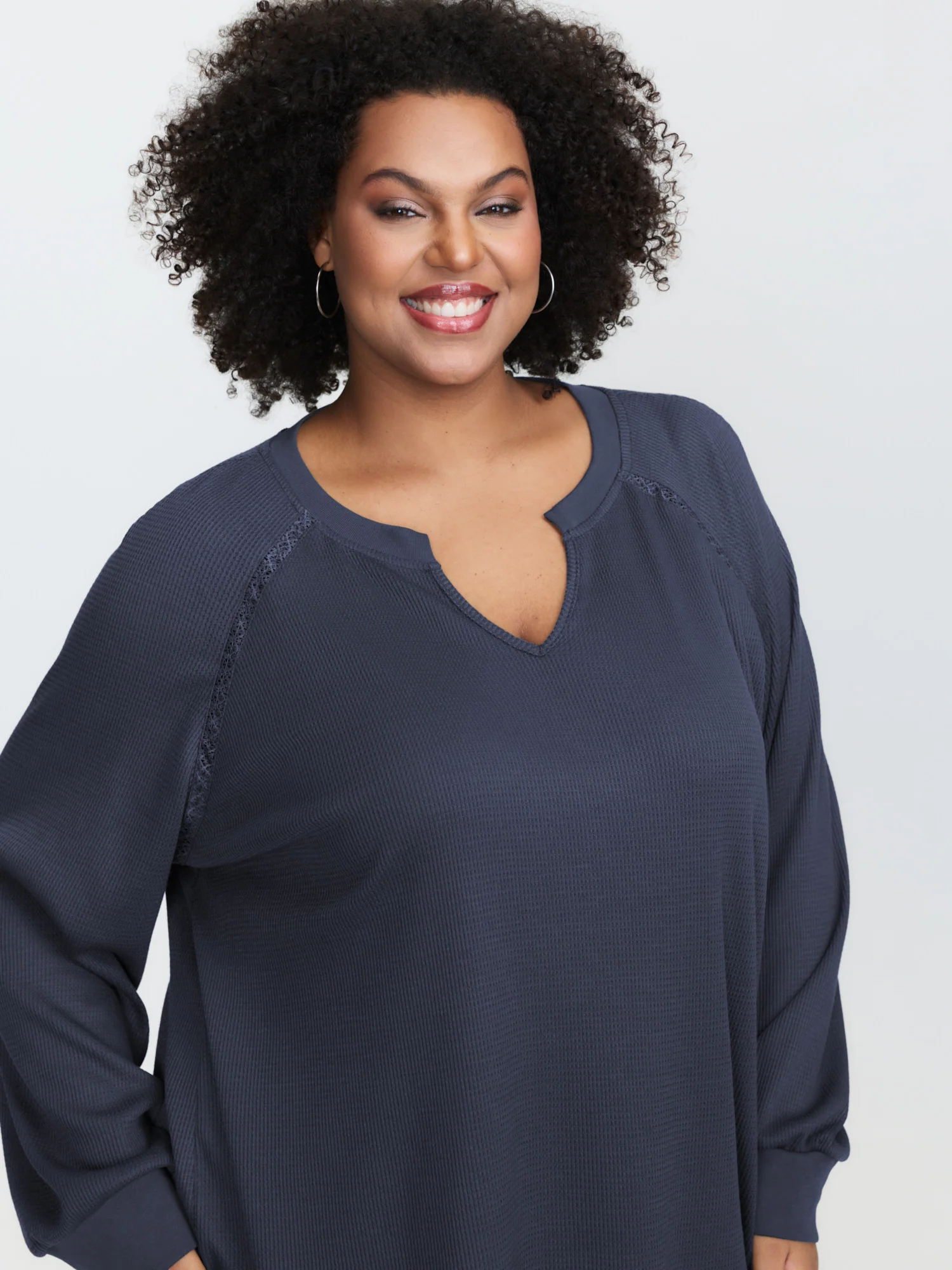 Waffle Grid Notched Collar Lace Sweatshirt - Image 10