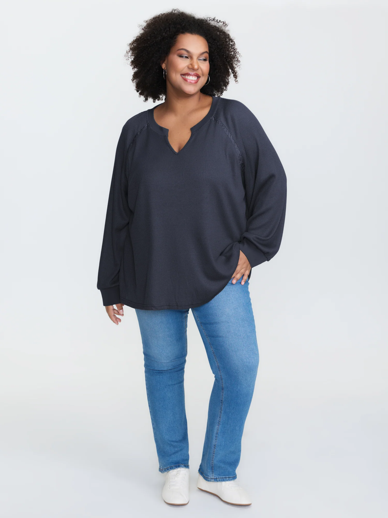 Waffle Grid Notched Collar Lace Sweatshirt - Image 11