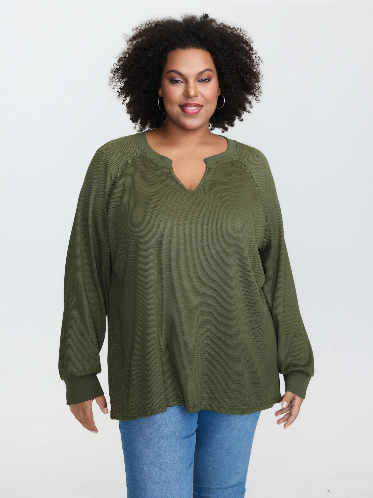 Waffle Grid Notched Collar Lace Sweatshirt - Image 13