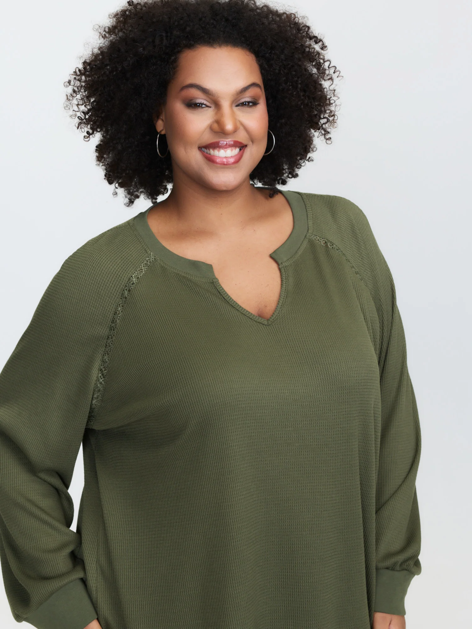 Waffle Grid Notched Collar Lace Sweatshirt - Image 14