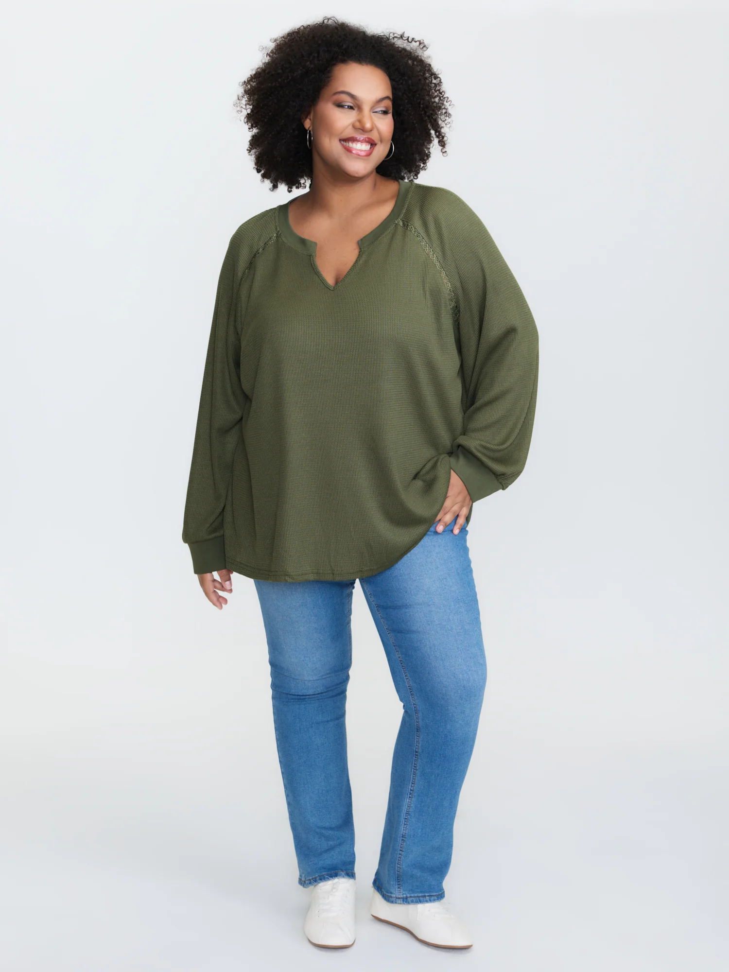 Waffle Grid Notched Collar Lace Sweatshirt - Image 15