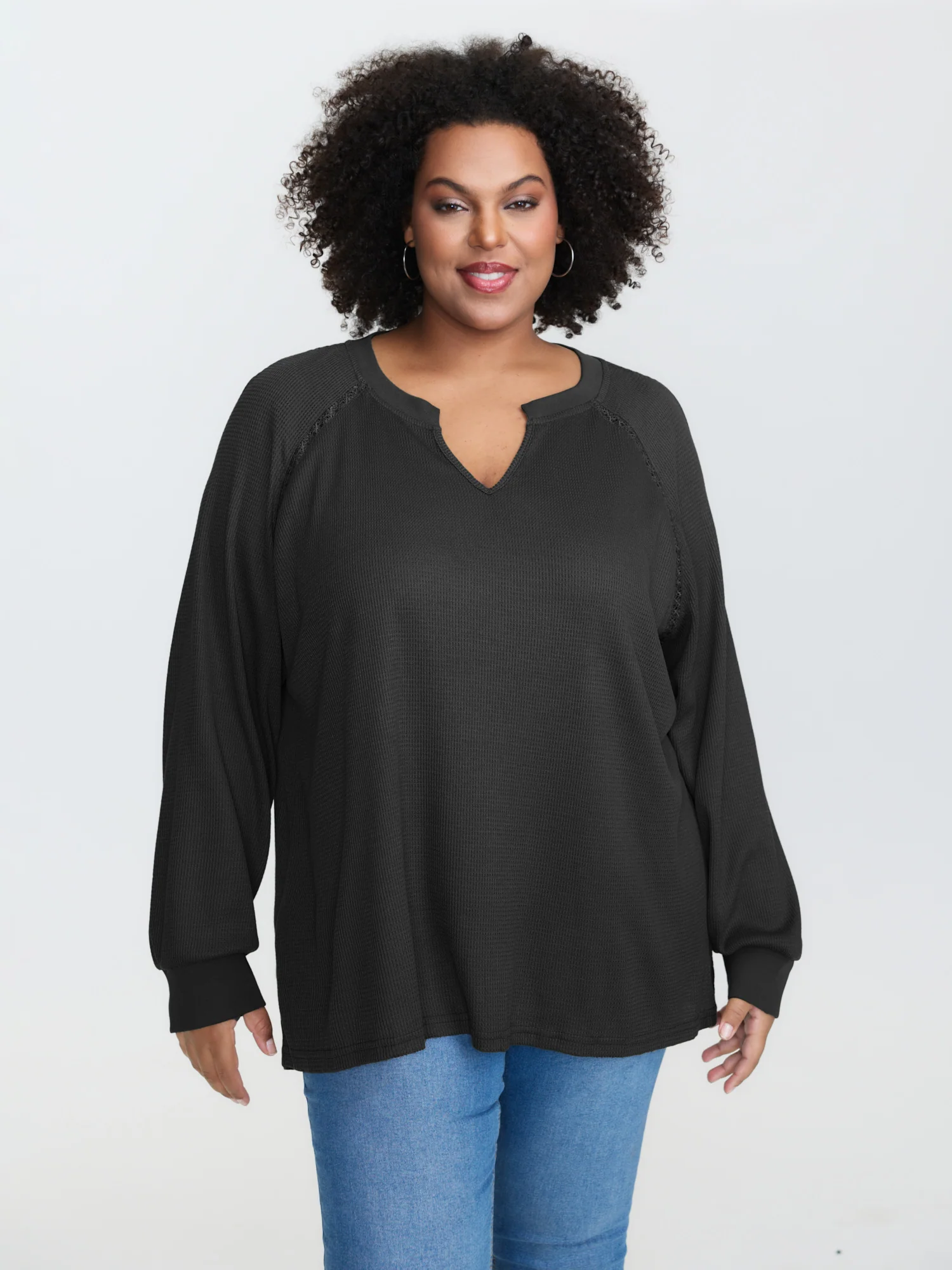 Waffle Grid Notched Collar Lace Sweatshirt - Image 17