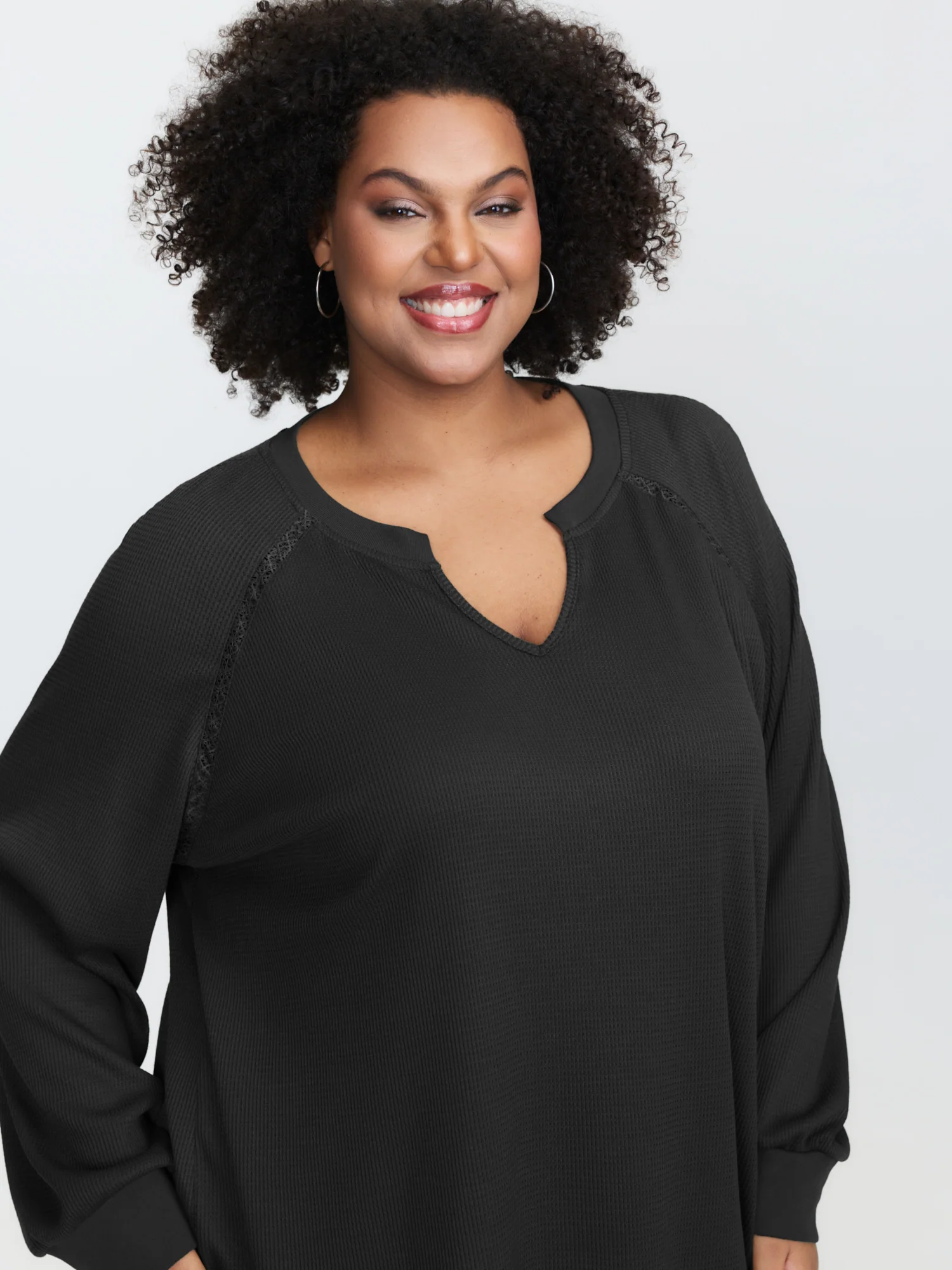 Waffle Grid Notched Collar Lace Sweatshirt - Image 18