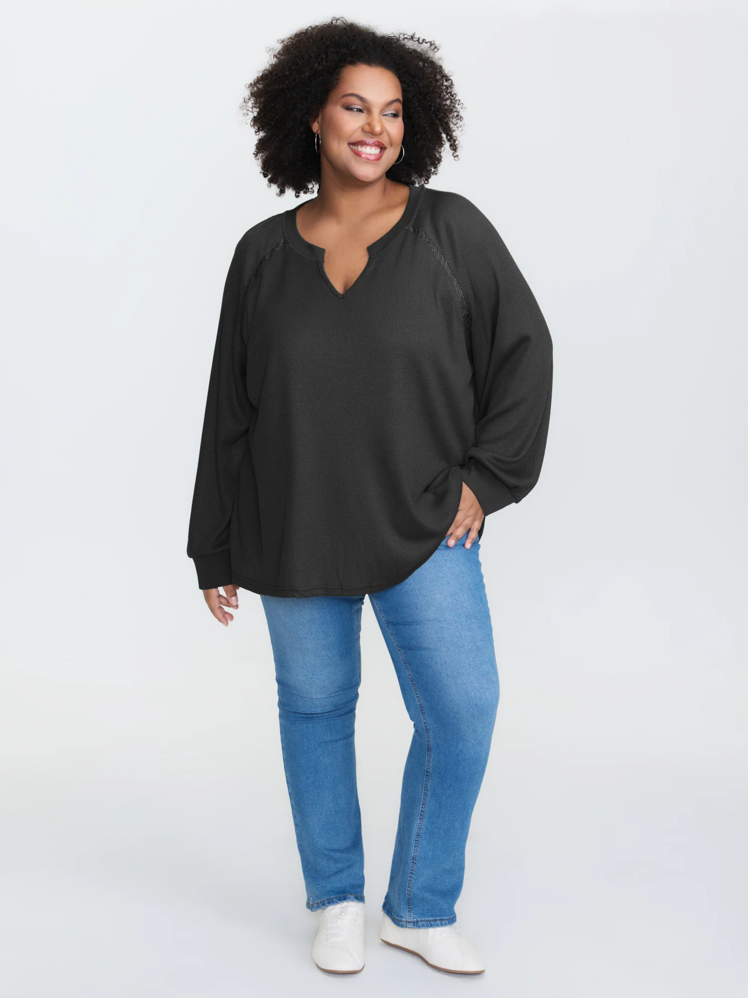 Waffle Grid Notched Collar Lace Sweatshirt - Image 19