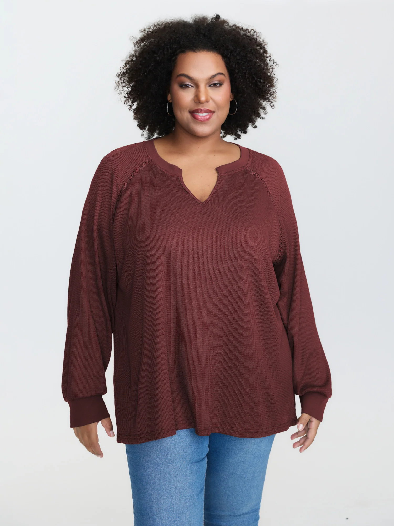 Waffle Grid Notched Collar Lace Sweatshirt - Image 21