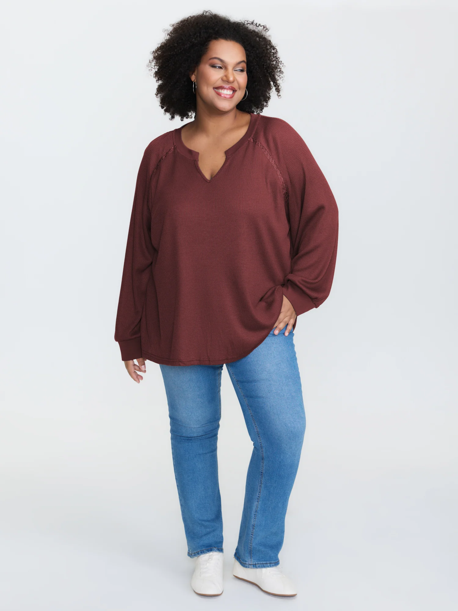 Waffle Grid Notched Collar Lace Sweatshirt - Image 23