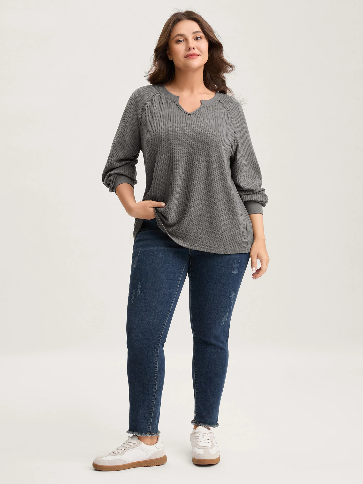 Waffle Grid Notched Collar Lace Sweatshirt - Image 3