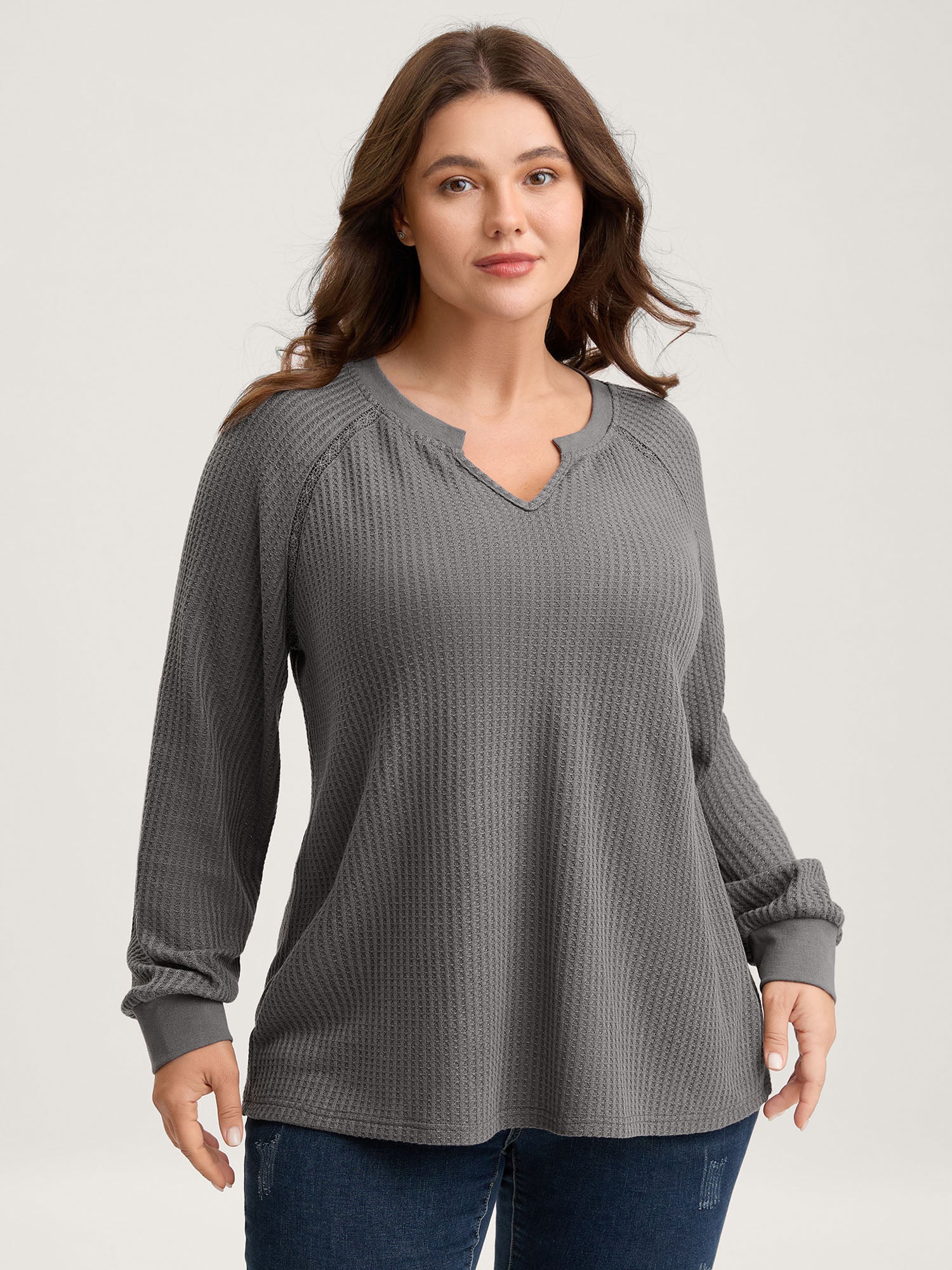 Waffle Grid Notched Collar Lace Sweatshirt - Image 4