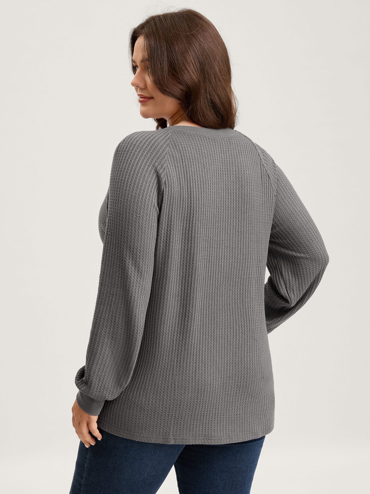 Waffle Grid Notched Collar Lace Sweatshirt - Image 5