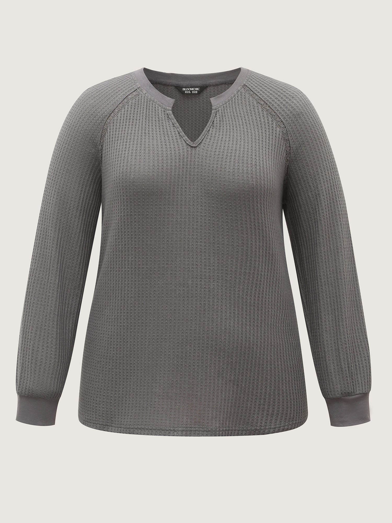 Waffle Grid Notched Collar Lace Sweatshirt - Image 6