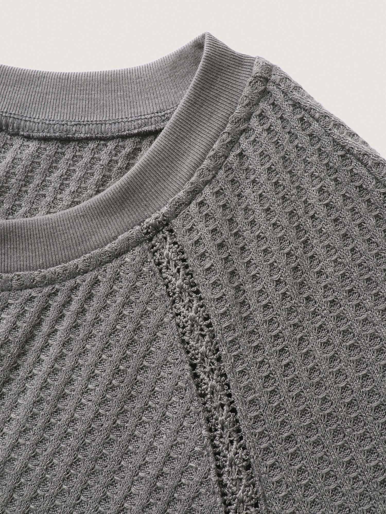 Waffle Grid Notched Collar Lace Sweatshirt - Image 7