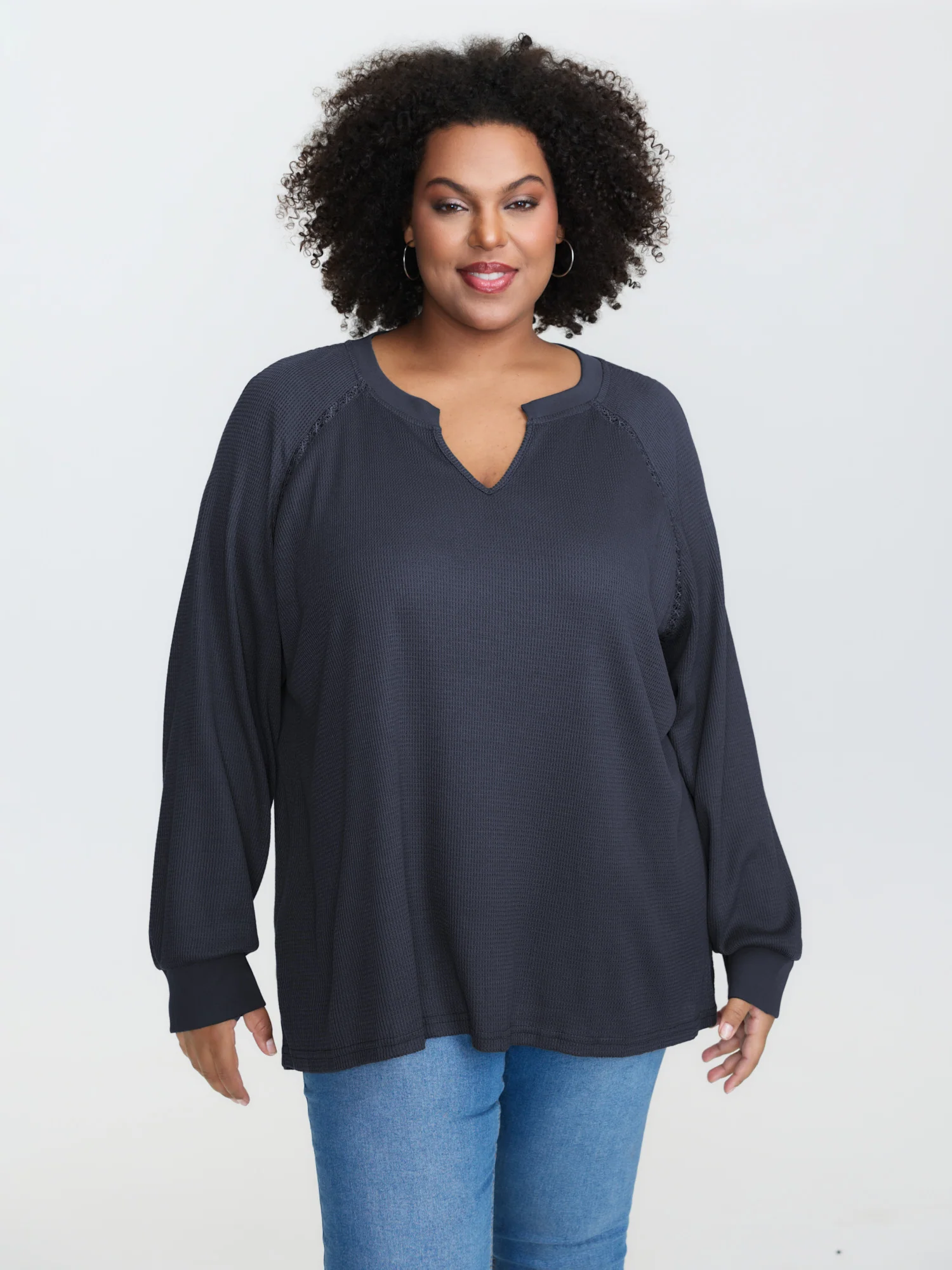 Waffle Grid Notched Collar Lace Sweatshirt - Image 9