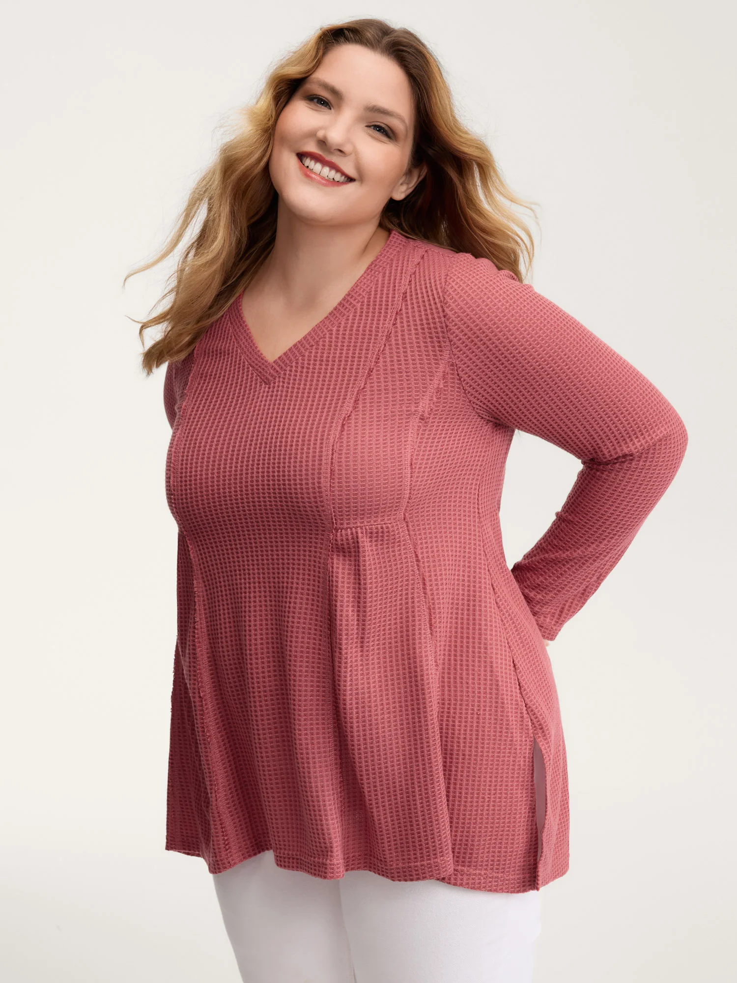 Waffle Grid Side Slit Flared T-Shirt - Image 2