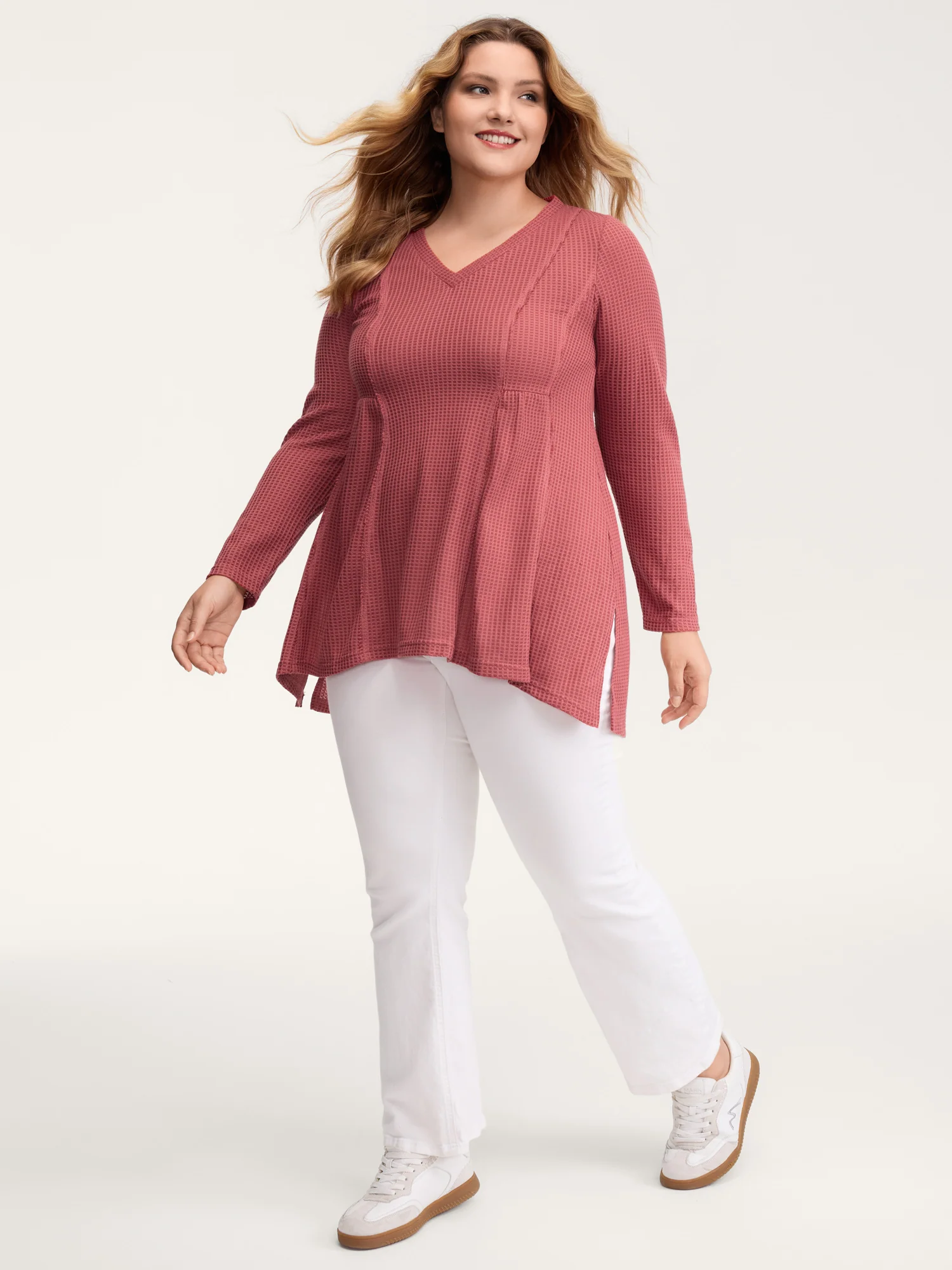 Waffle Grid Side Slit Flared T-Shirt - Image 3