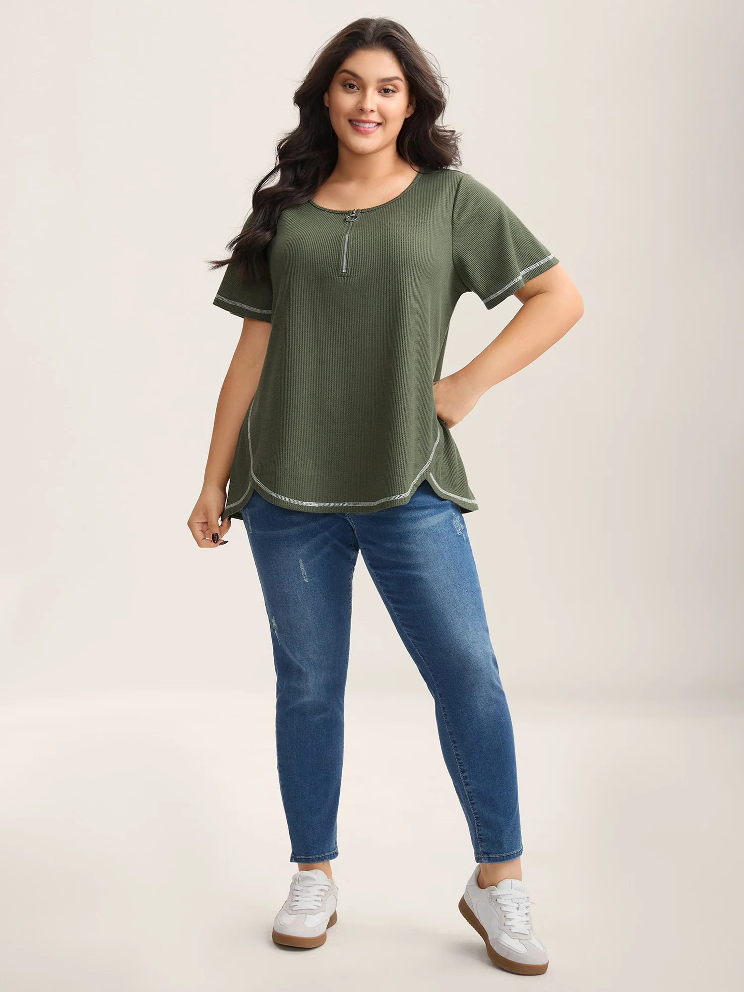 Waffle High Low Hem Zipper T-Shirt - Image 3