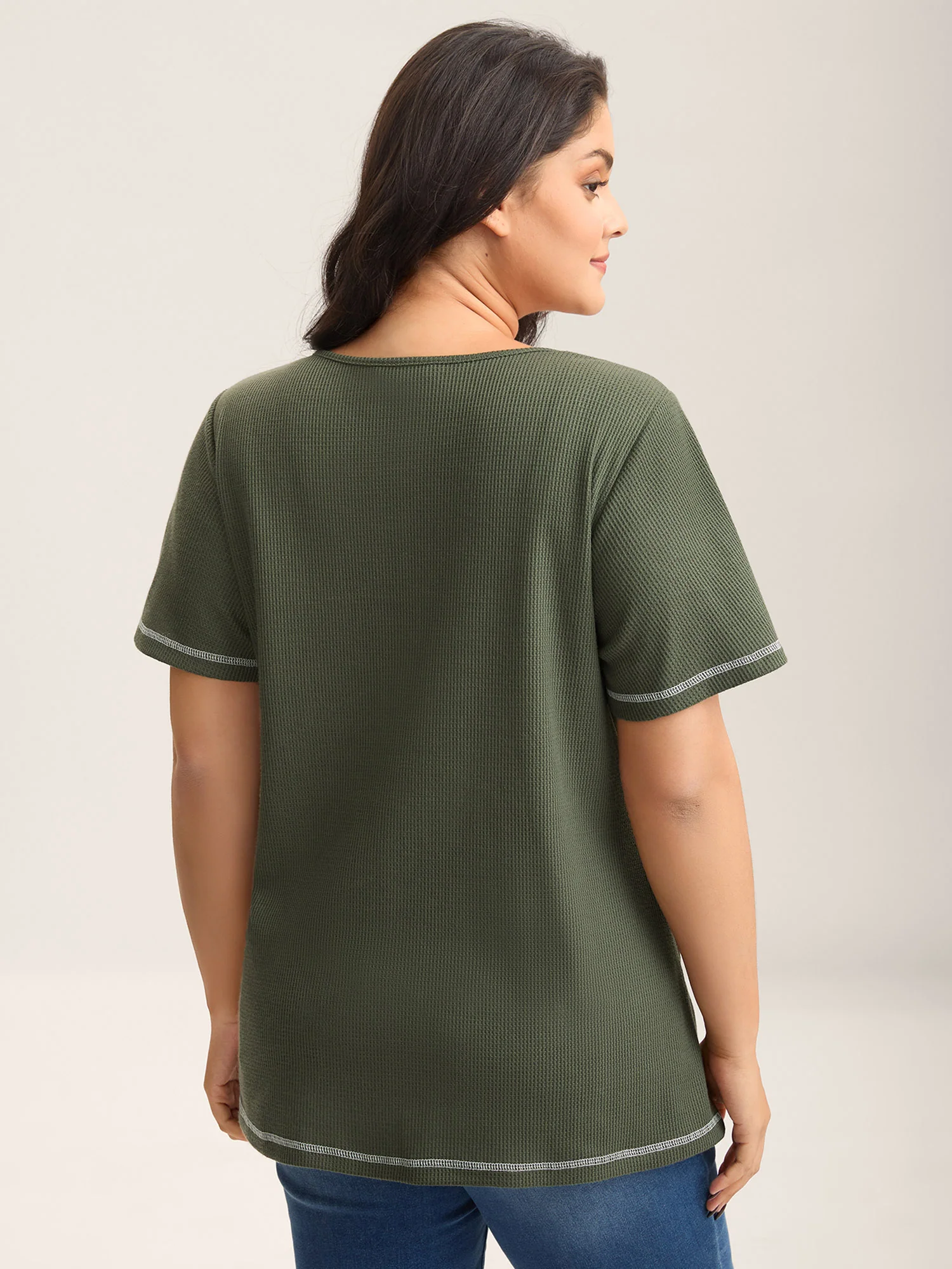Waffle High Low Hem Zipper T-Shirt - Image 4