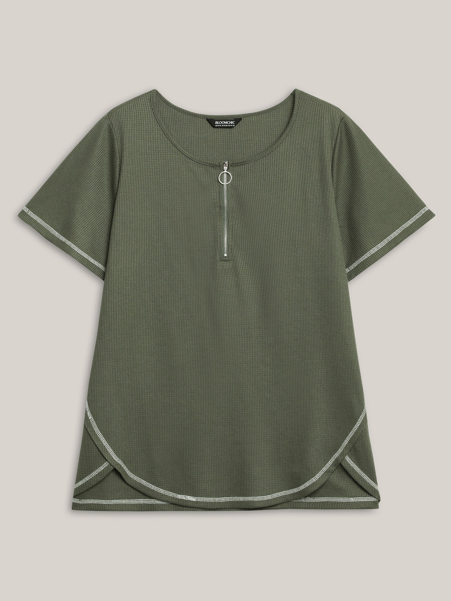 Waffle High Low Hem Zipper T-Shirt - Image 7