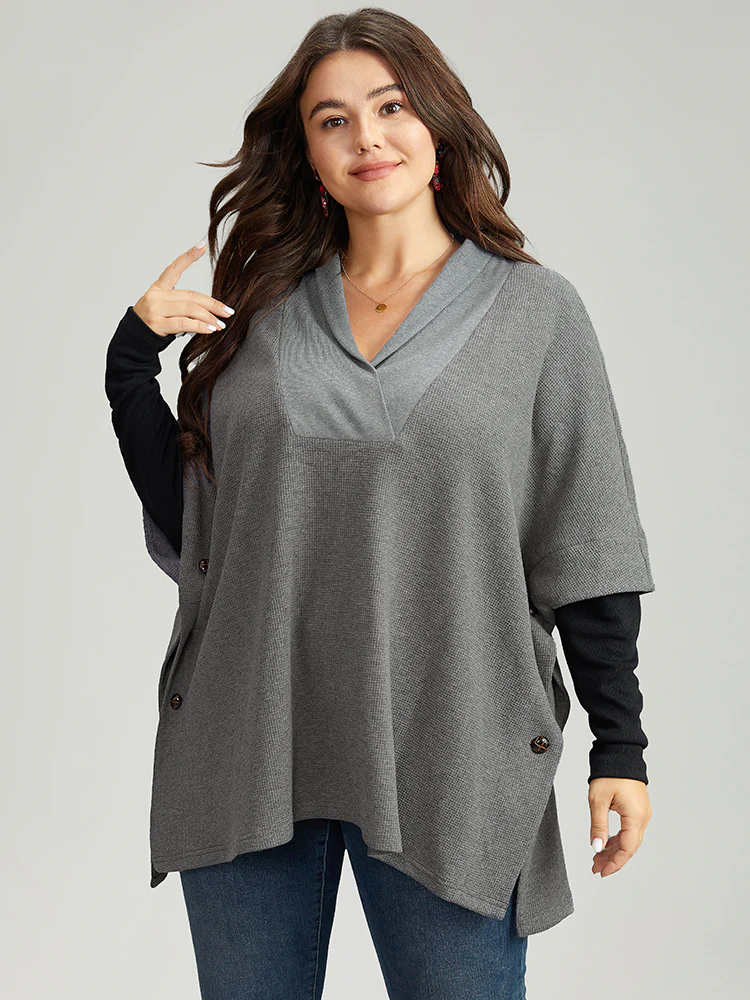 Waffle Knit Batwing Sleeve Lapel Collar Sweatshirt - Image 2
