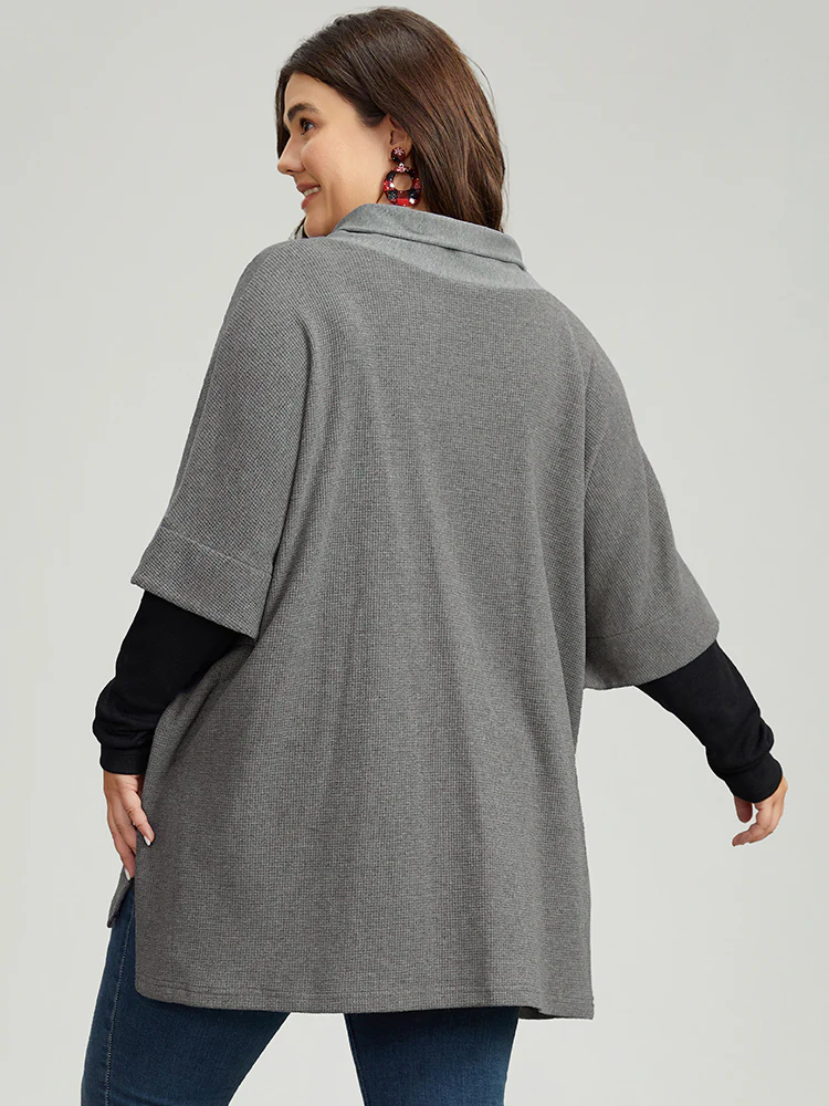 Waffle Knit Batwing Sleeve Lapel Collar Sweatshirt - Image 3