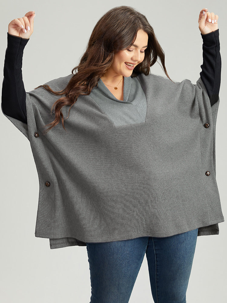 Waffle Knit Batwing Sleeve Lapel Collar Sweatshirt - Image 4