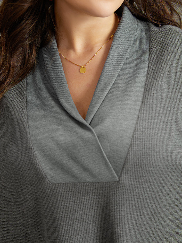 Waffle Knit Batwing Sleeve Lapel Collar Sweatshirt - Image 5
