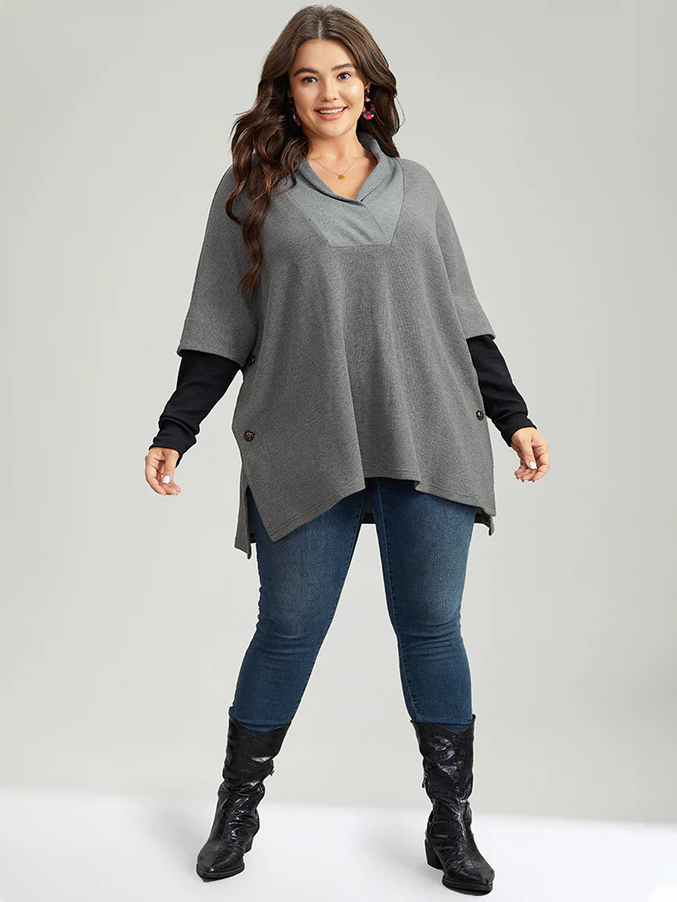 Waffle Knit Batwing Sleeve Lapel Collar Sweatshirt - Image 6