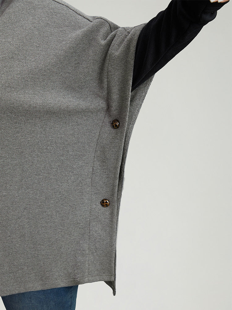 Waffle Knit Batwing Sleeve Lapel Collar Sweatshirt - Image 7
