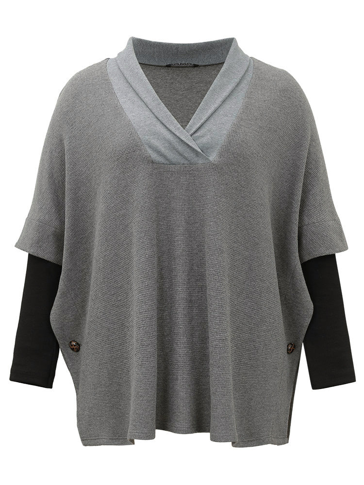 Waffle Knit Batwing Sleeve Lapel Collar Sweatshirt - Image 8