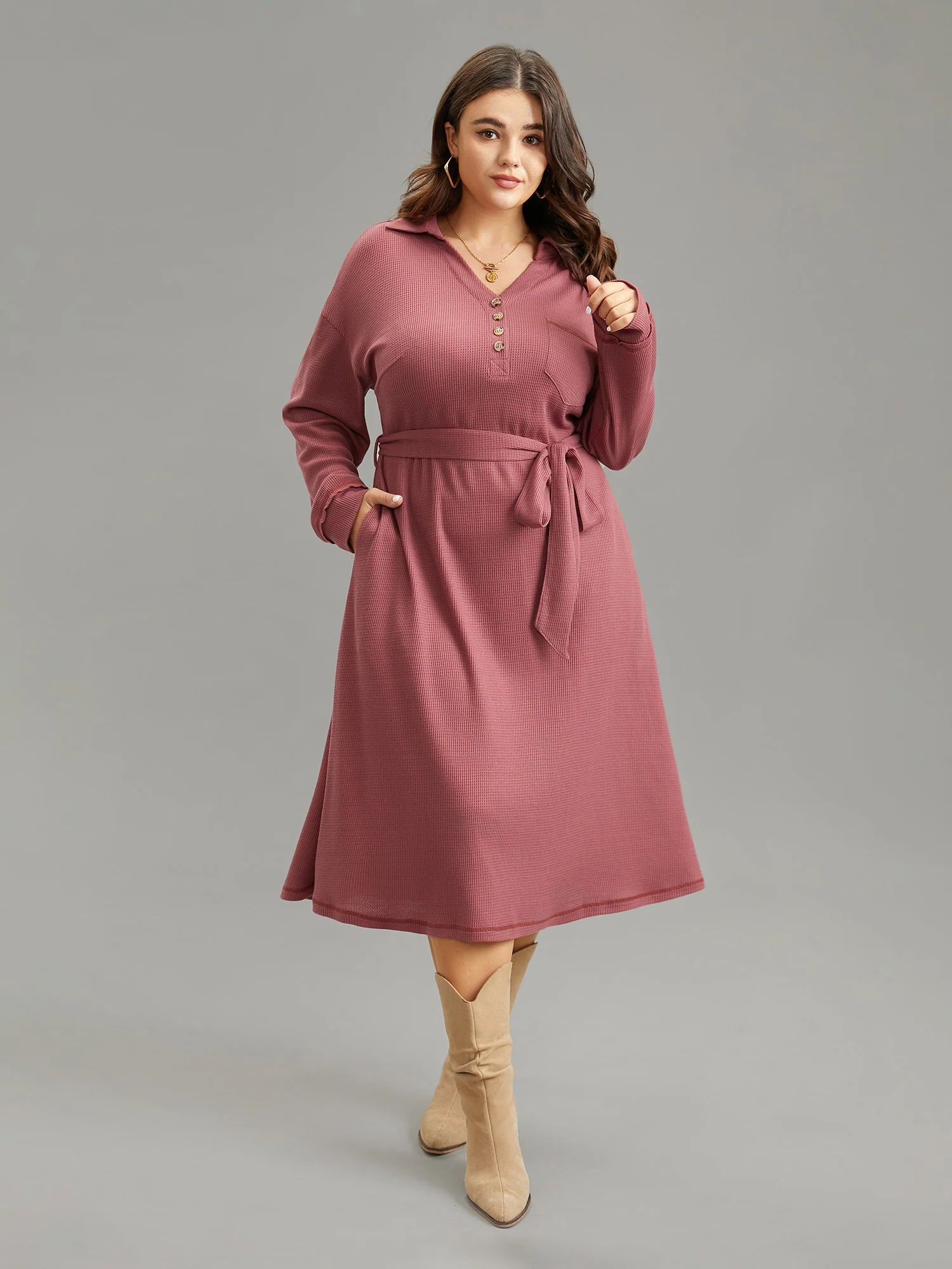 Waffle Knit Belted Lapel Collar Pocket Dress - Image 2