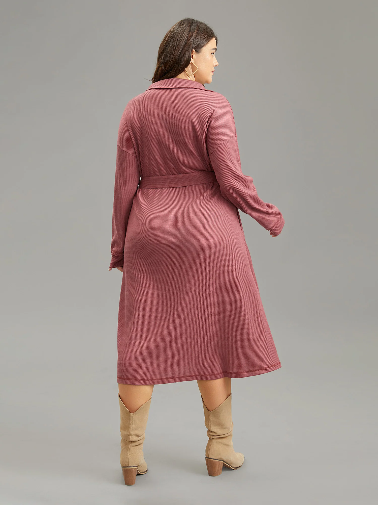 Waffle Knit Belted Lapel Collar Pocket Dress - Image 3