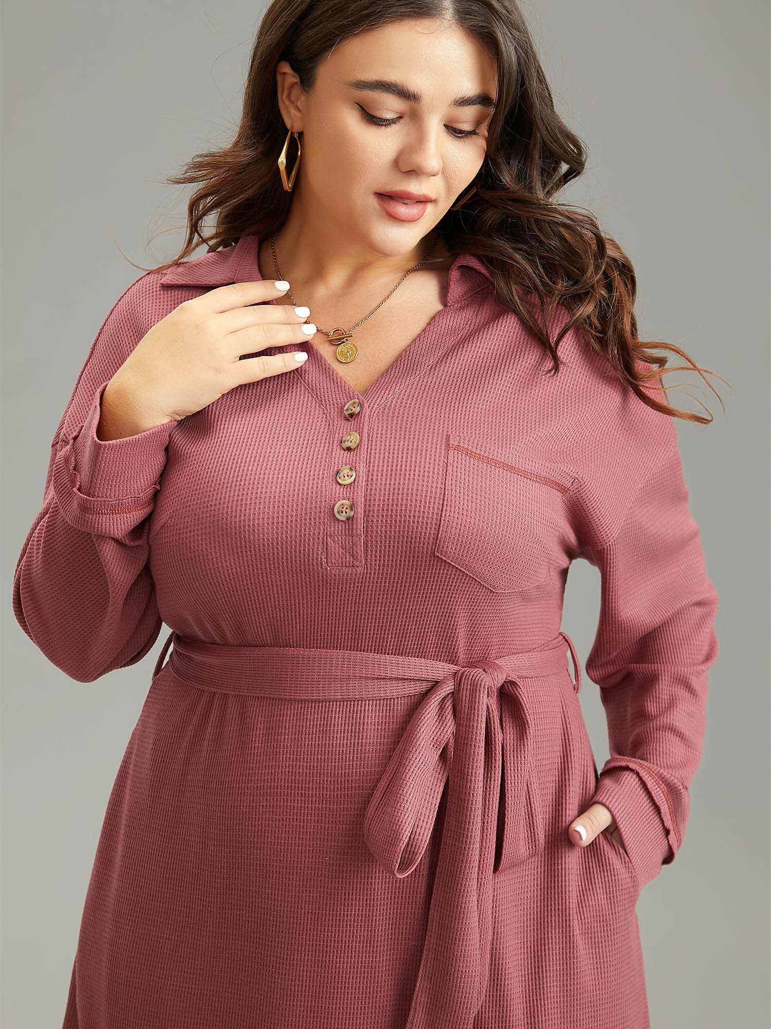 Waffle Knit Belted Lapel Collar Pocket Dress - Image 4