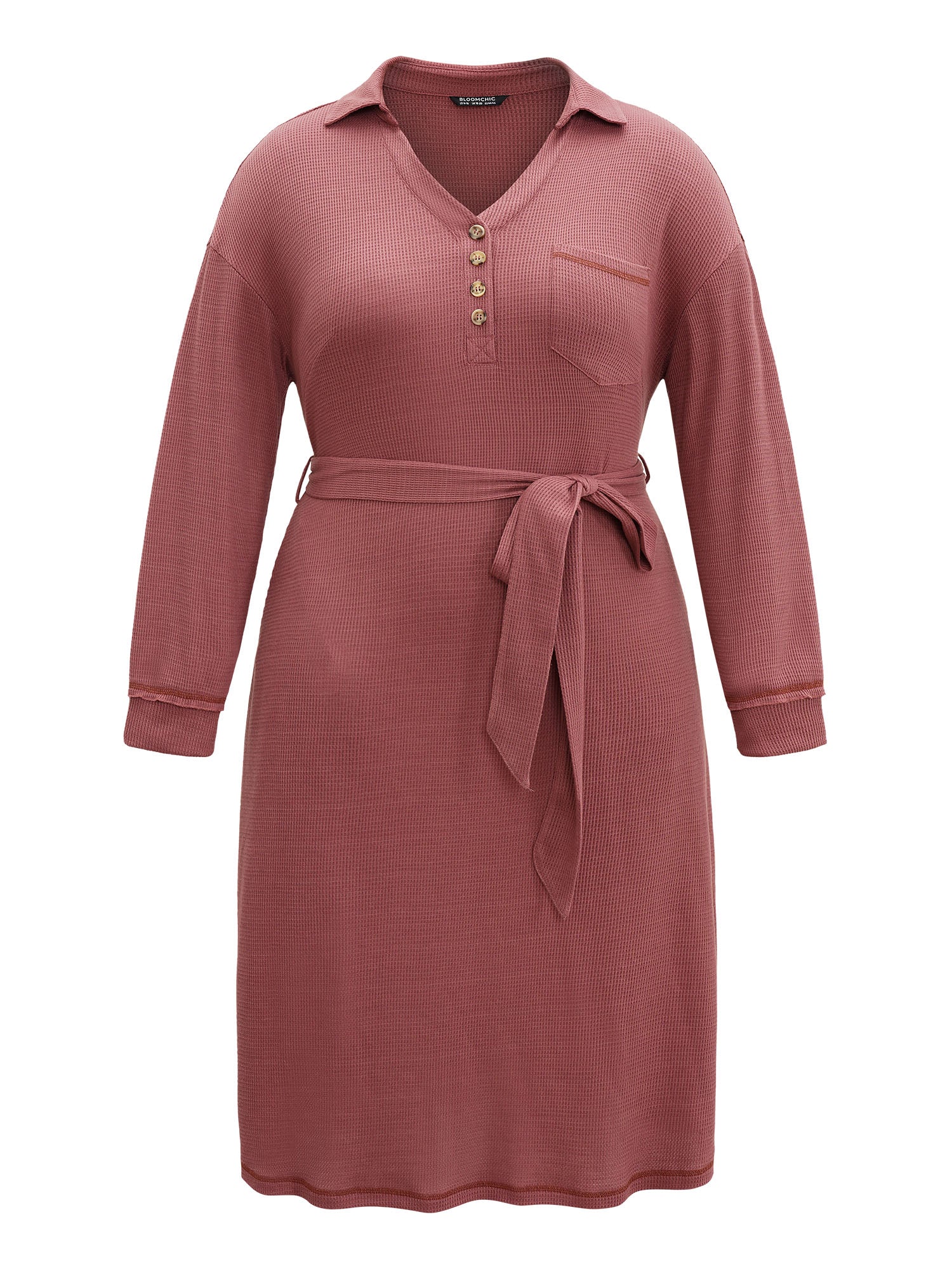 Waffle Knit Belted Lapel Collar Pocket Dress - Image 5