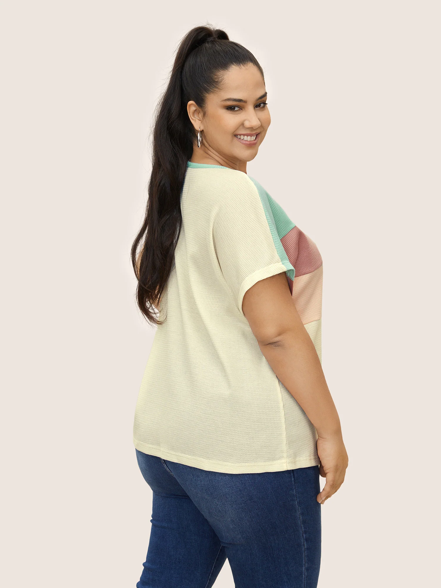 Waffle Knit Colorblock Contrast Dolman Sleeve T-shirt - Image 2