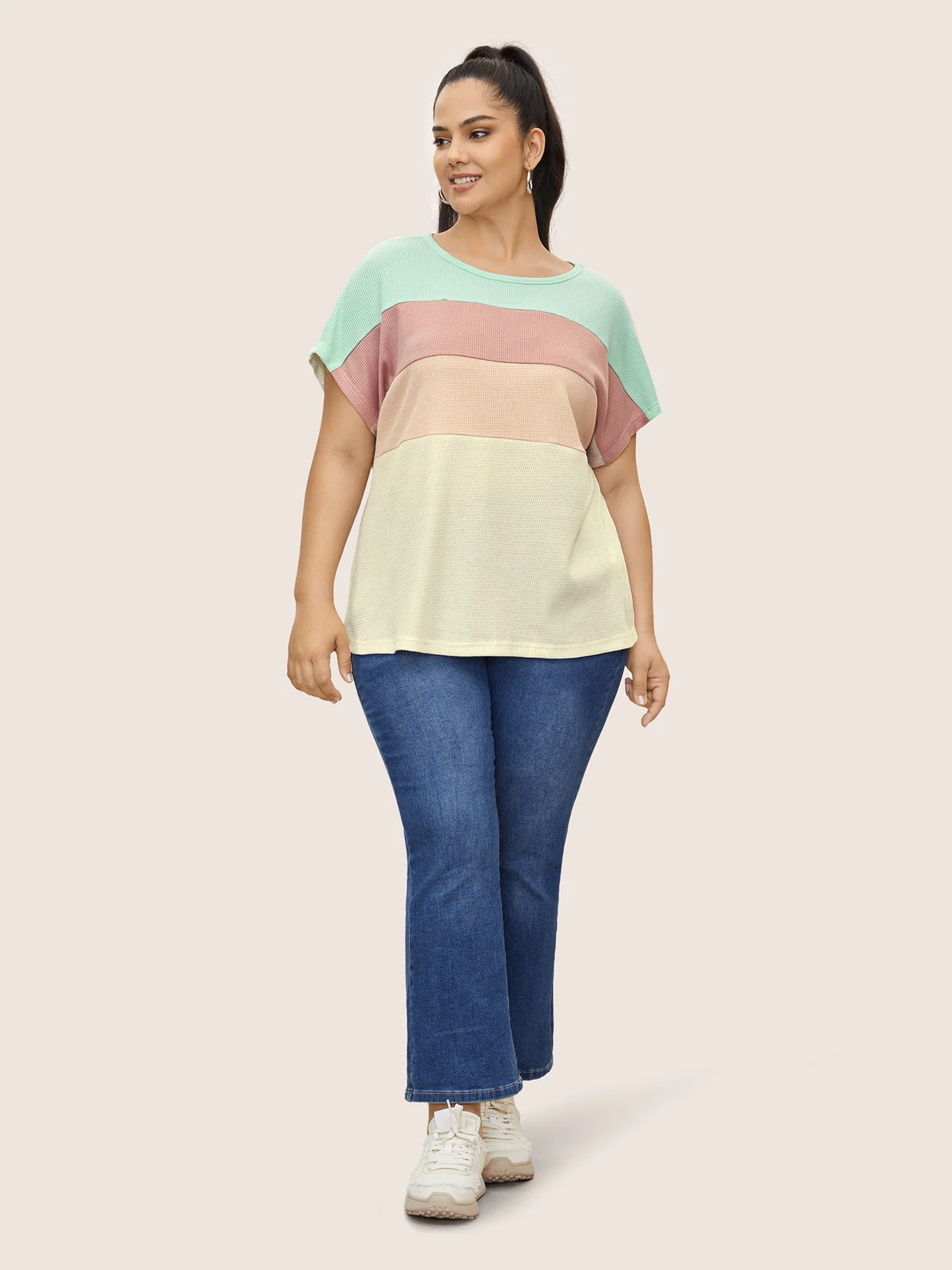 Waffle Knit Colorblock Contrast Dolman Sleeve T-shirt - Image 3