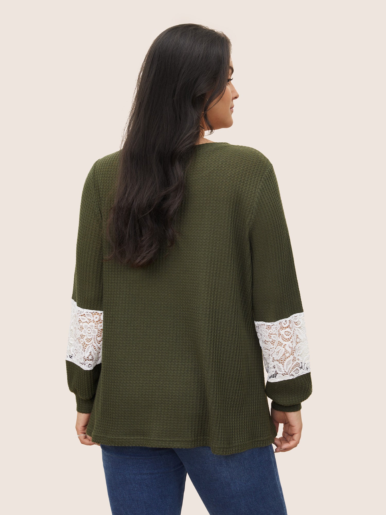 Waffle Knit Contrast Lace Patchwork T-shirt - Image 2