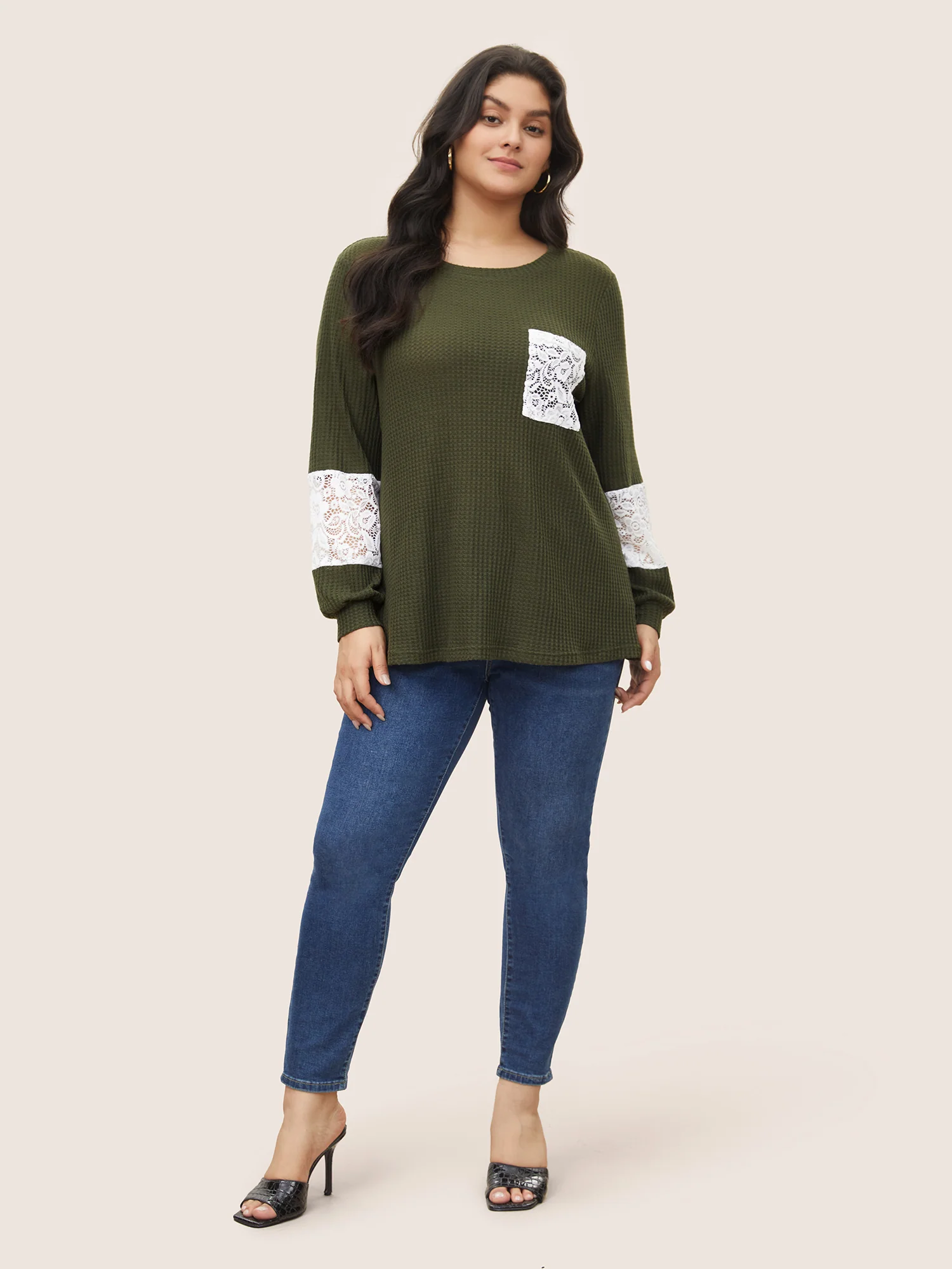Waffle Knit Contrast Lace Patchwork T-shirt - Image 3