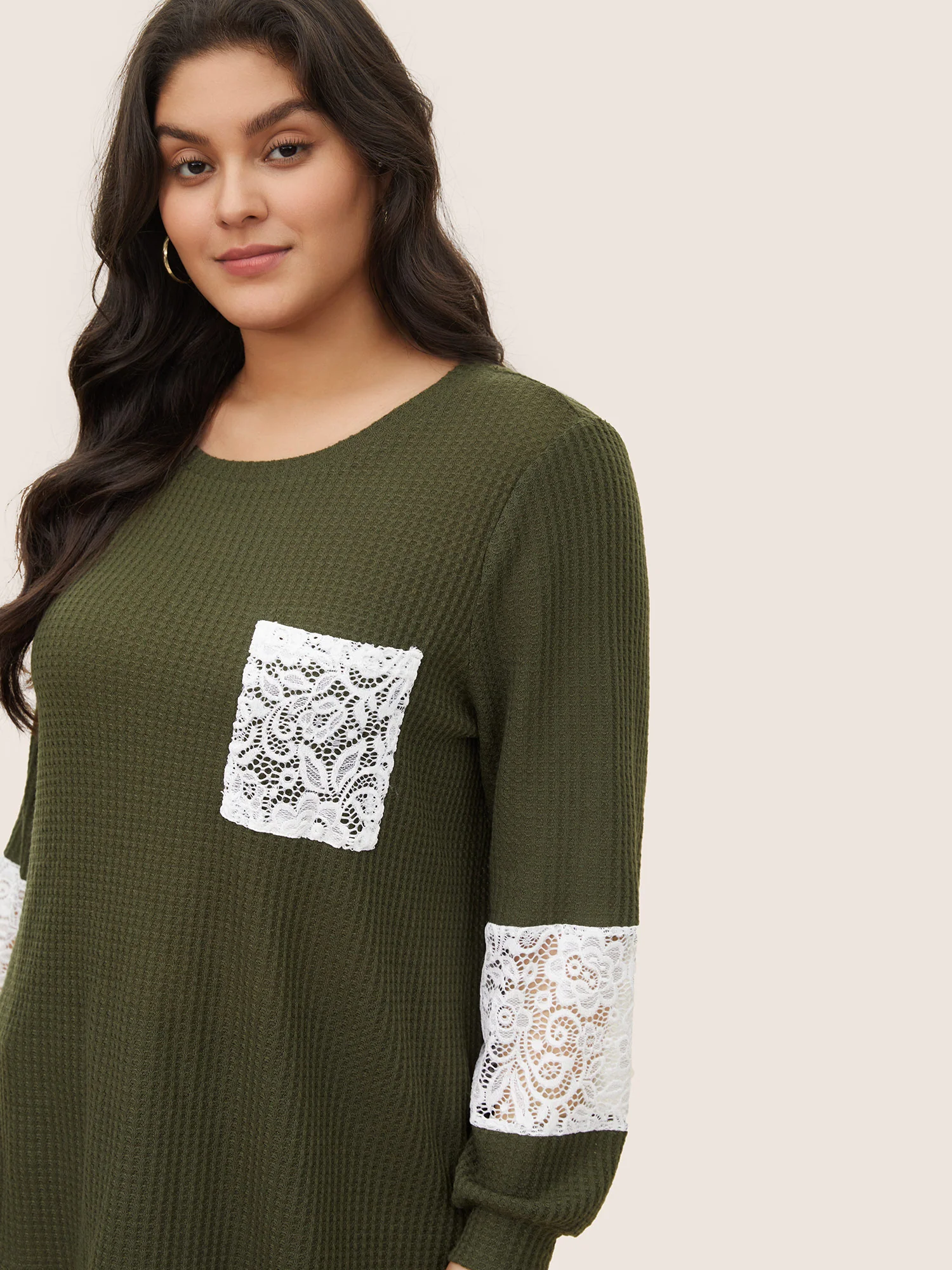 Waffle Knit Contrast Lace Patchwork T-shirt - Image 4