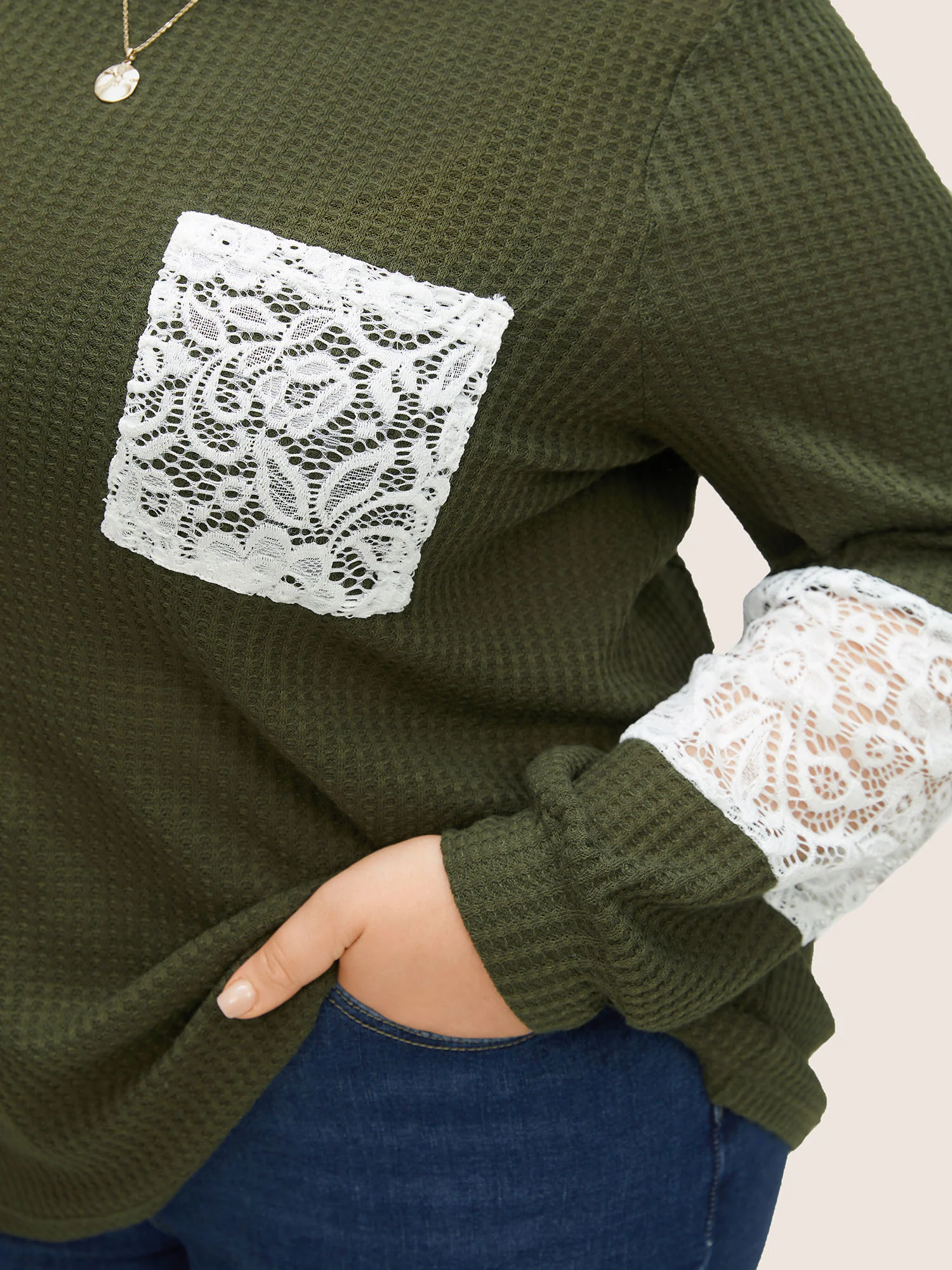 Waffle Knit Contrast Lace Patchwork T-shirt - Image 5